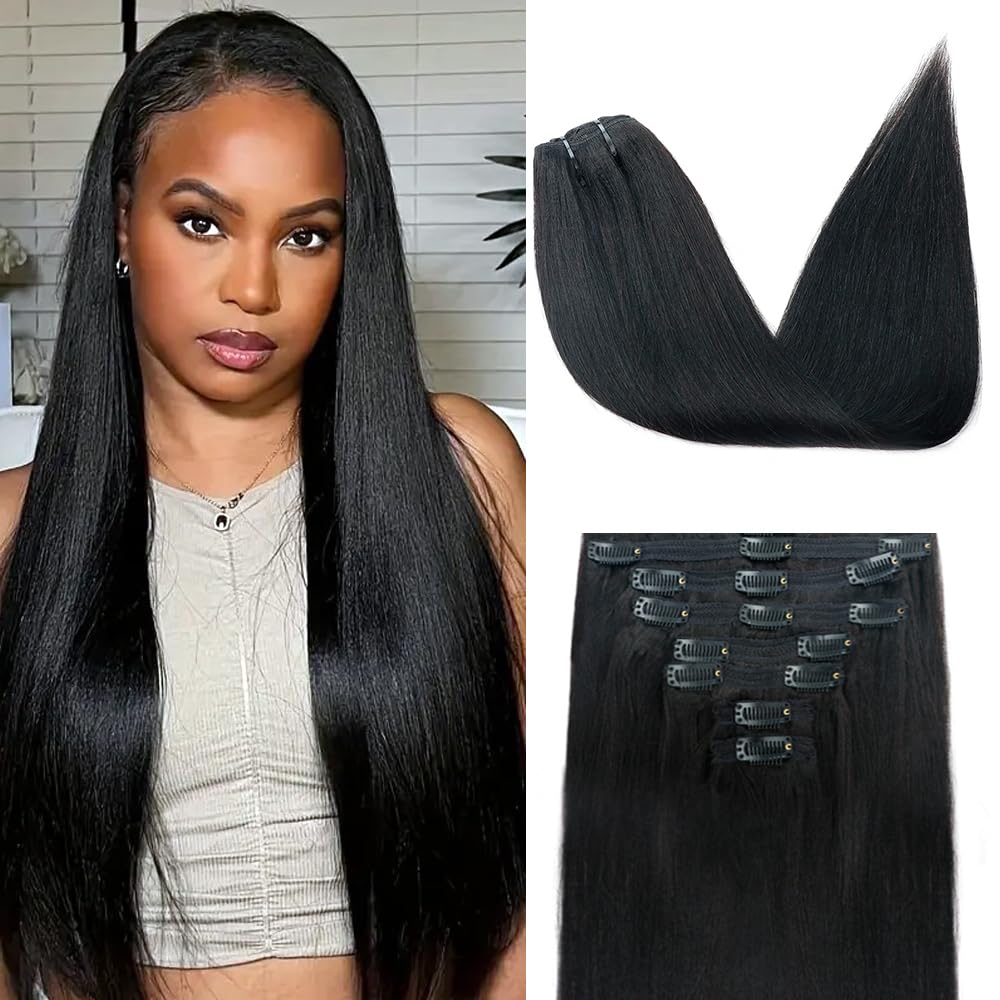 Yaki Straight Clip in Hair Extensions for Black Women Brazilian Human Hair Extensions 8Pcs Remy Hair Extensions Clip in Human Ha