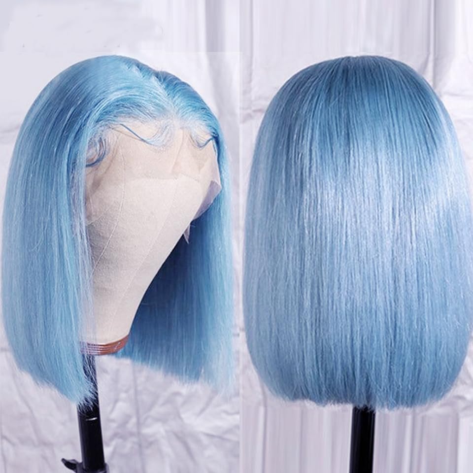 Cheap 13X4 Hd Transparent Pre Plucked Blunt Cut Sky Blue Bob Wig Human Hair Lace Front Wigs With Baby Hair Natural Hairline 100%