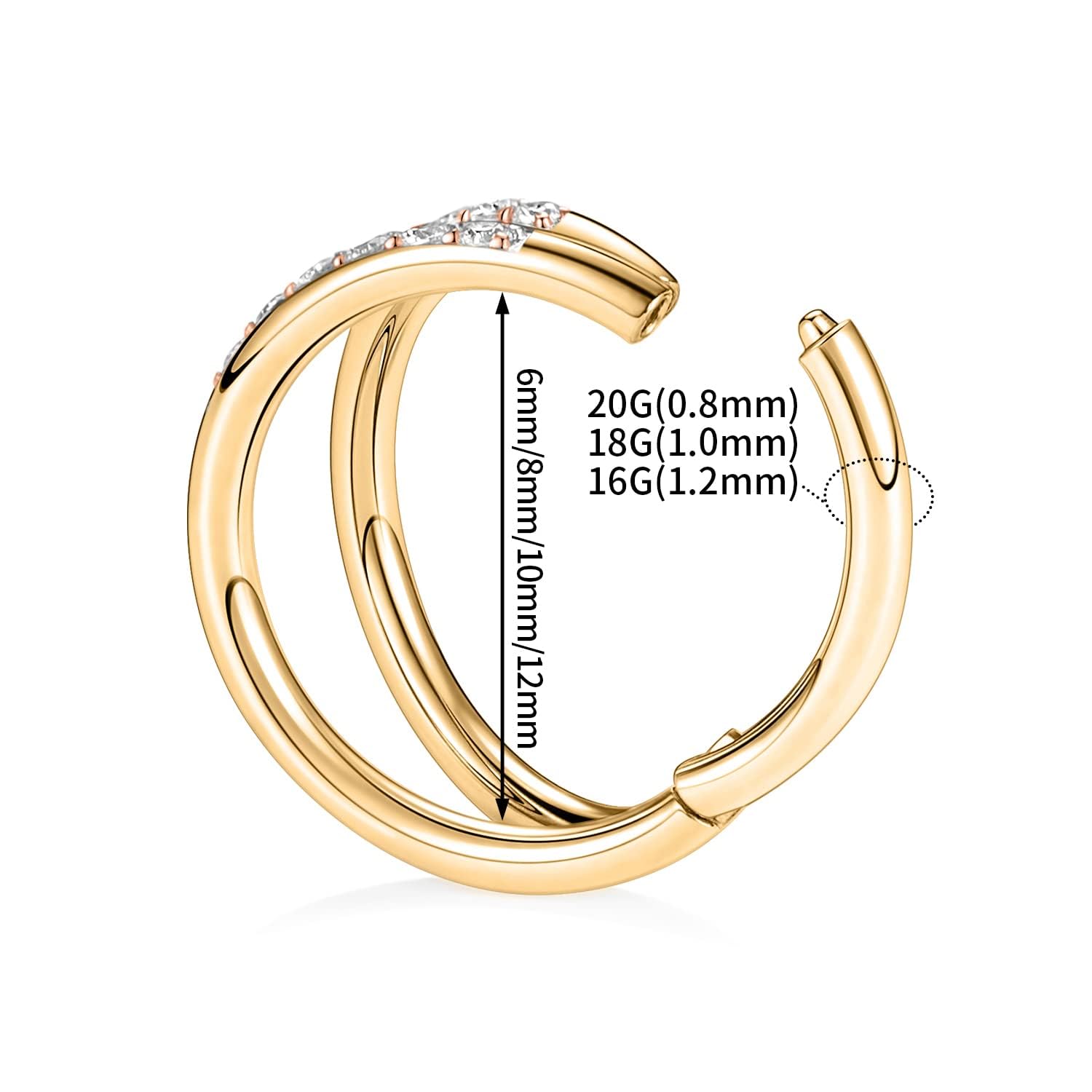 PEAKLINK Conch Hoop Earring with CZ Gold Double Nose Ring 12mm Septum Jewelry 316L Surgical Steel Helix Cartilage Tragus Rook Da