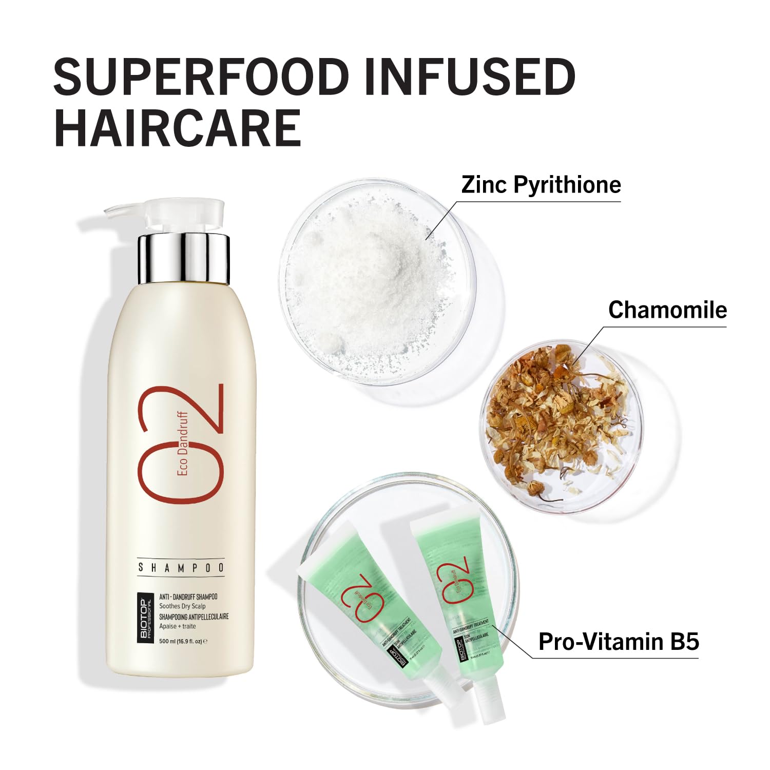 Biotop Professional 02 Eco Dandruff Shampoo - Dry Scalp Treatment & Hydrating Shampoo with Pro Vitamin B5, Zinc Pyrithione & Cha