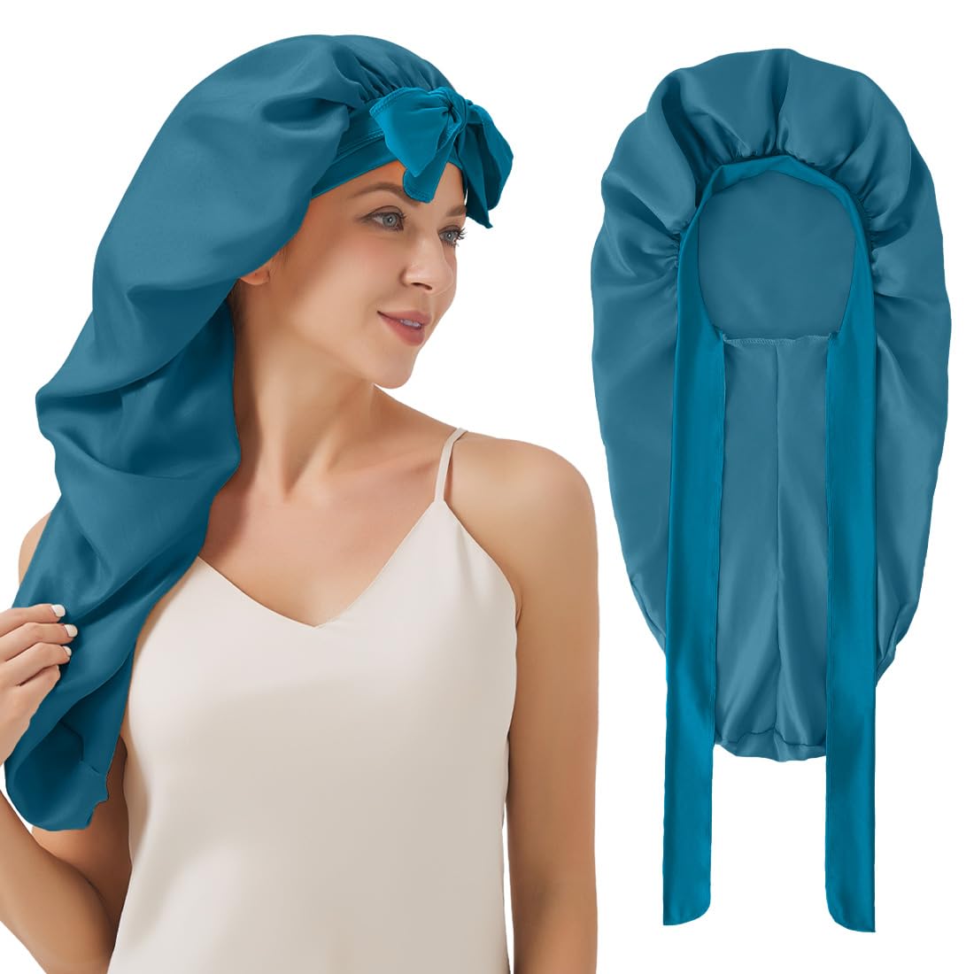 Long Satin Bonnet For Sleeping, Satin Lined Braid Bonnet With Elastic Band, Long Strap Bonnets For Women Braids(Dark Blue) Showe
