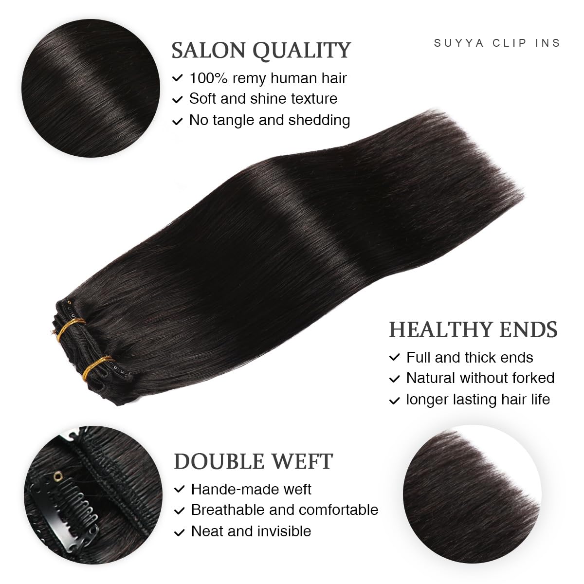 Suyya Clip In Hair Extensions Real Human Hair,12 Inch 100G 7Pcs Natural Black Hair Extensions Clip Ins Straight Double Weft Thic