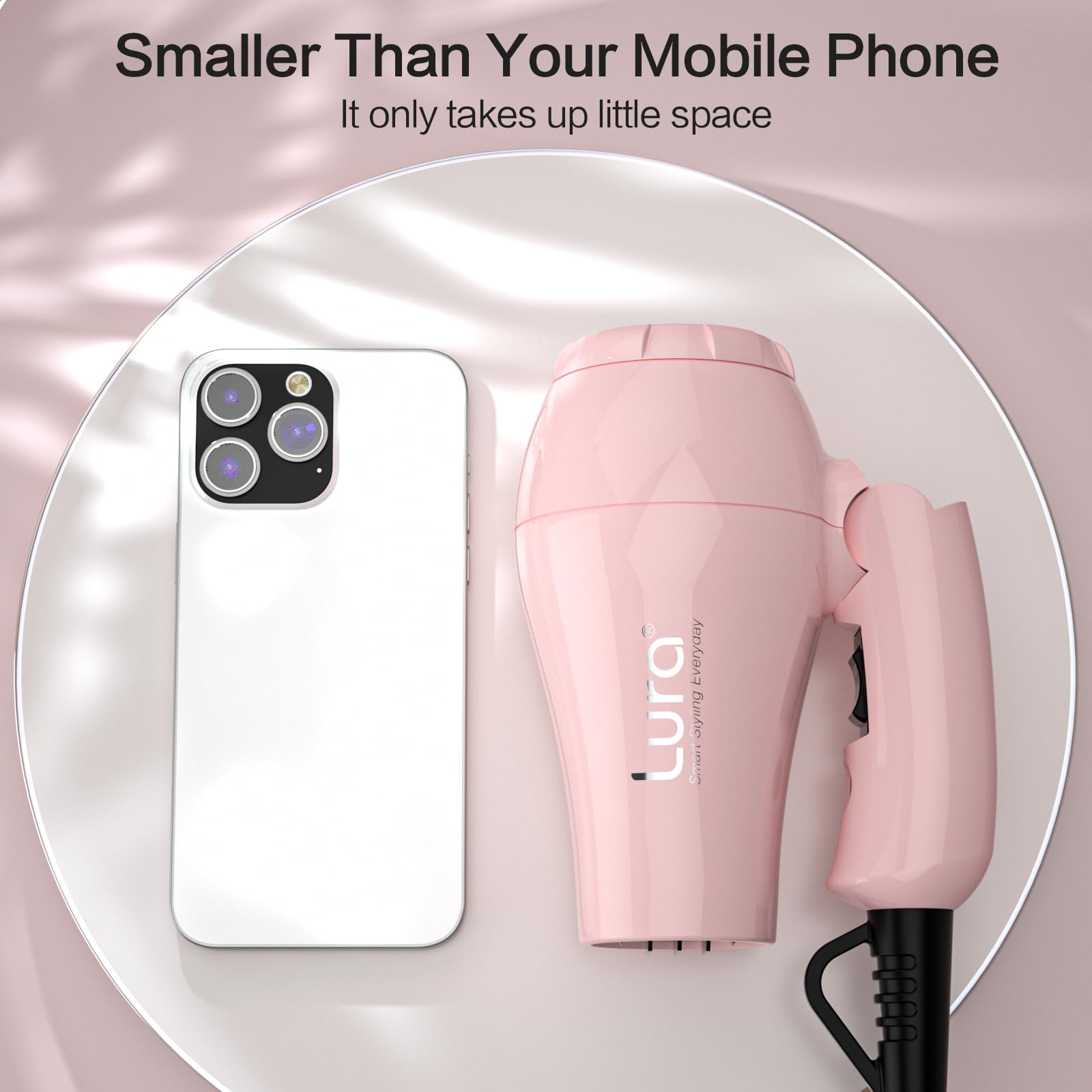 Foldable Travel Hair Dreyr Mini:Dual Voltage Lightweight Blow Dryer With Pouch,1200W Compact Pink Small Hair Dryer For Acrylic P