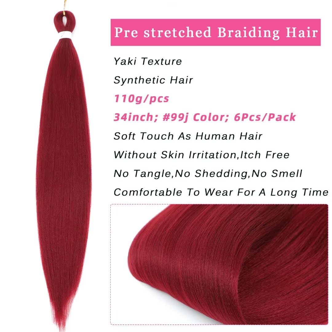 34Inch Long Braiding Hair Pre Stretched 6 Packs 110G/Pack Burgundy Easy Braids Yaki Texture Synthetic Prestretched Crochet Hair