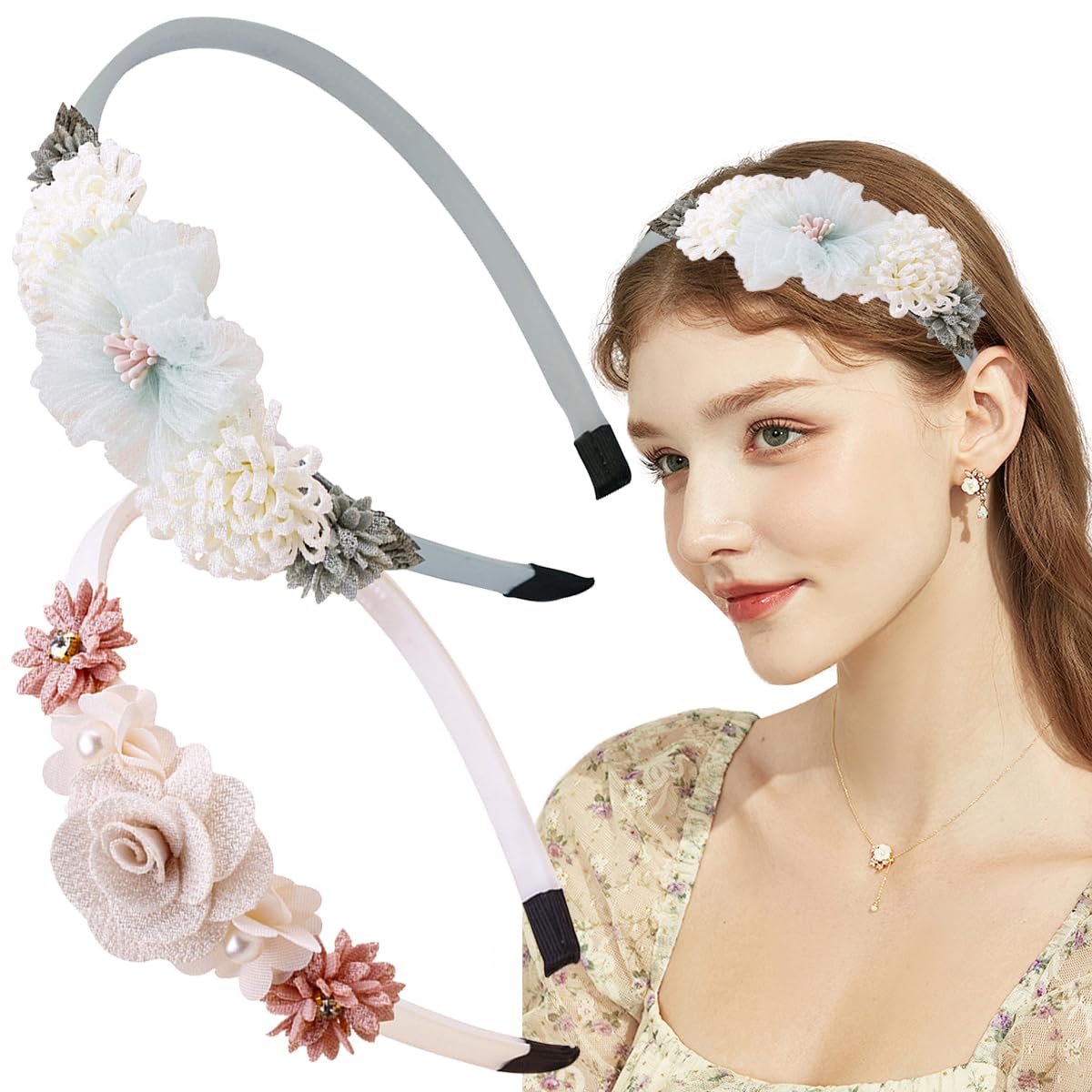2 PCS Flower Headband Rose Flowers Hair Bands Flower Girl Headpiece Flower Crown Boho Flower Headband Blue White Floral Headband