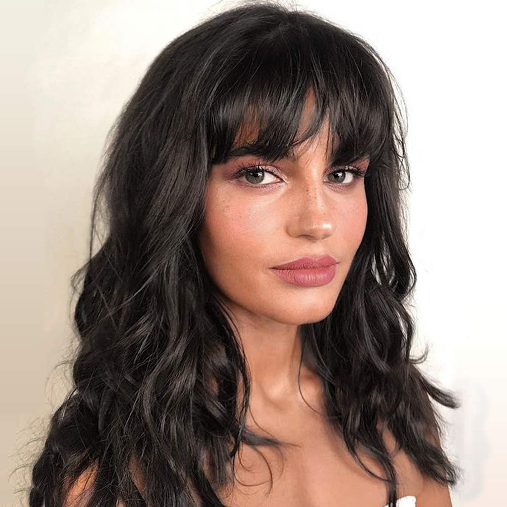 WIGNEE Natural Wave Wigs with Bangs 100% Brazilian Human Hair Fashion Wave Wigs Natural Black (14 Inch)