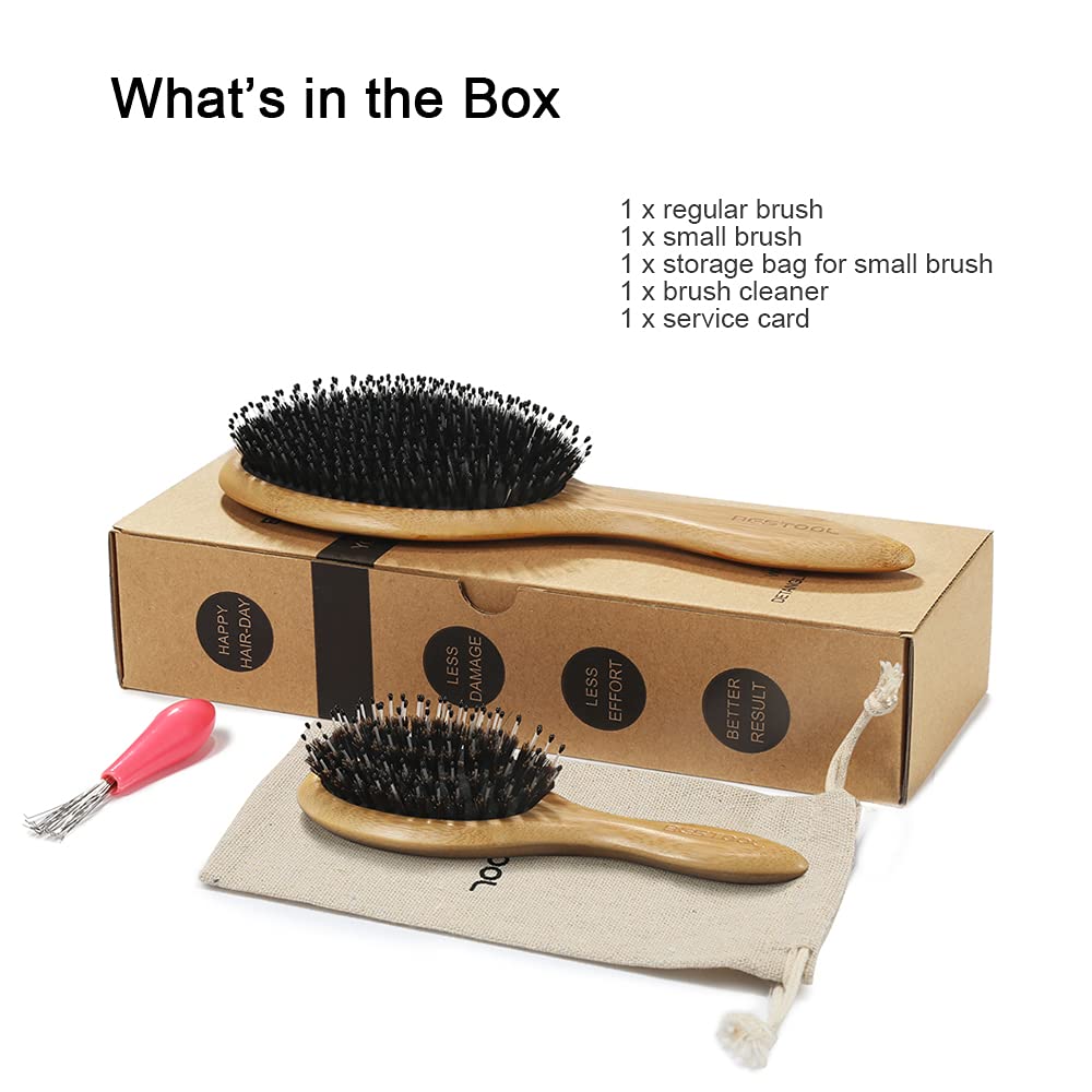 BESTOOL Hair Brush (Regular & Small), Boar Bristle Hair Brushes for Women Men Kids Thick Fine Curly Hair, Hairbrush for Detangli
