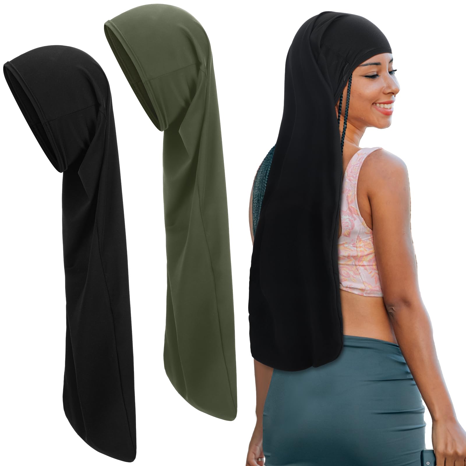 Twistover 2 Pcs Jumbo Dreadlock Cap Hair Dreads Head Wrap Loc Wraps for Dreads Hair Accessories for Men Women Sleeping (Black, A
