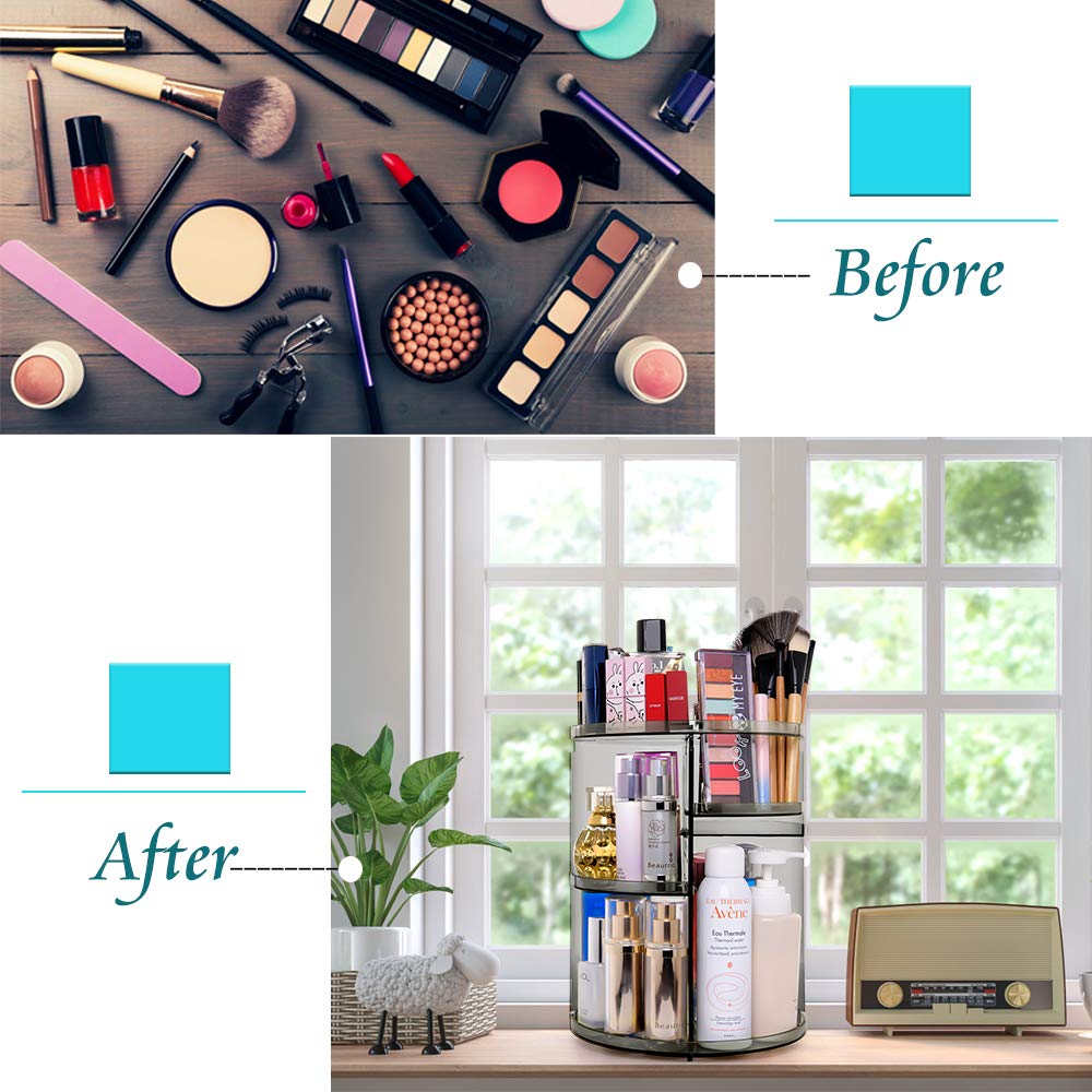 Sanipoe 360 Rotating Makeup Organizer, Spinning Skincare Organizer,Cosmetic Display Case With Brush Holder Perfume Tray, Multi-F