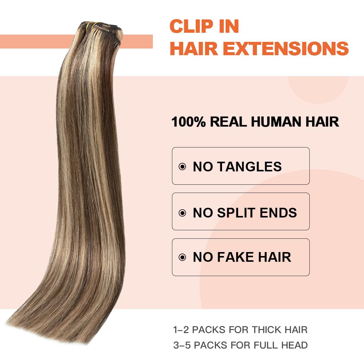 Ugotrays Clip In Hair Extensions Highlight Chocolate Brown To Caramel Blonde, 15 Inch 70G Real Human Hair Extensions Double Weft
