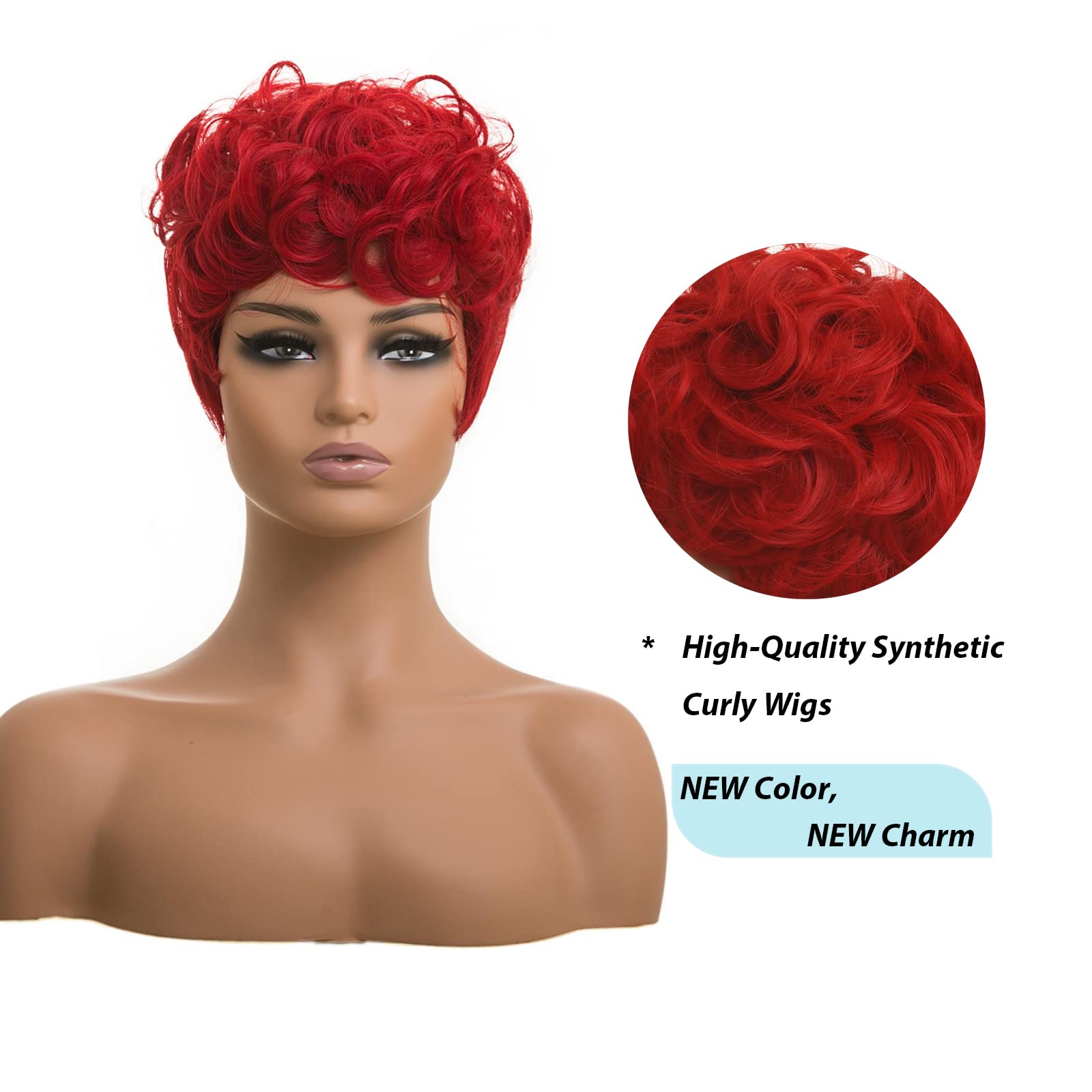 Docute Red Pixie Cut Wigs For Black Women Short Hair, Red Short Fluffy Pixie Cut Wigs Natural Red Wavy Synthetic Wigs For Black