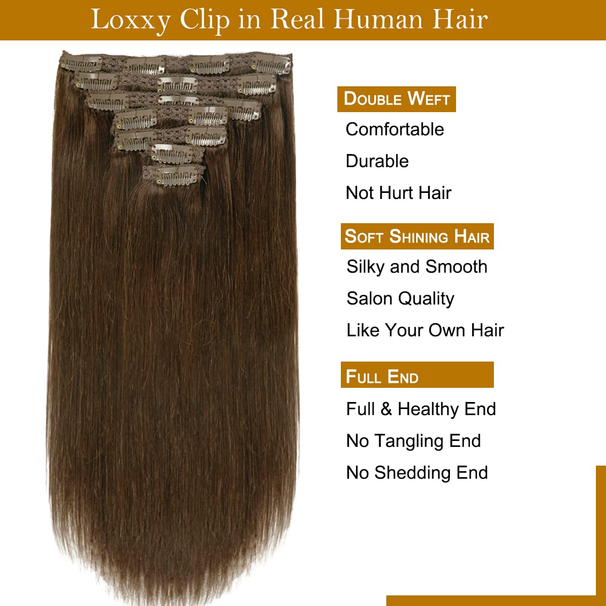 Loxxy Human Hair Extensions Clip In Chocolate Brown Real Human Hair Extensions 120G 7 Pieces Silky Straight Weft Full Head Clip