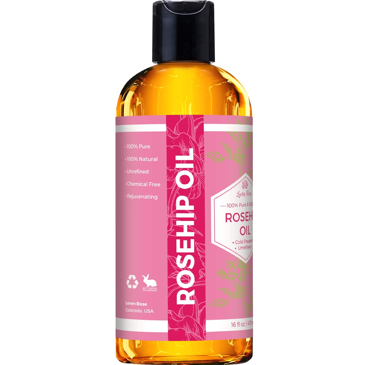 Leven Rose Rosehip Seed Oil For Face 16 Oz - Pure Rosehip Oil For Face - Unrefined Cold Pressed Rosehip Oil For Body - Nighttime