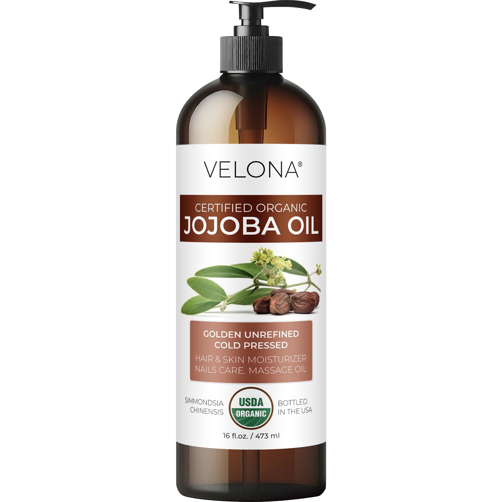 Velona Jojoba Oil Usda Certified Organic - 16 Fl Oz (With Pump) | 100% Pure And Natural | Golden, Unrefined, Cold Pressed, Hexan