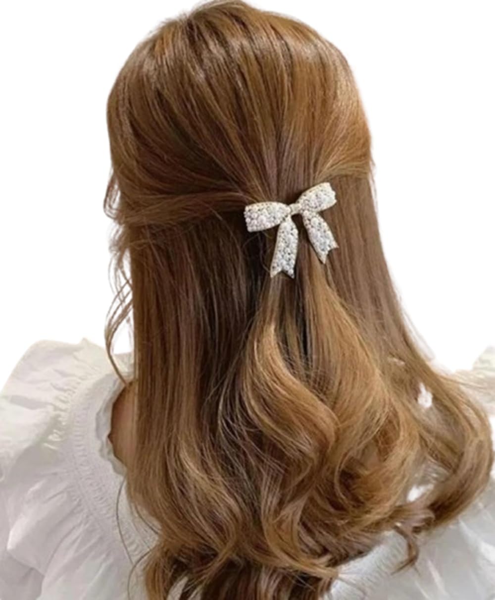 Ziory Small White Bow Pearl Hairpin Barrettes Headdress Bowknot Woman Butterfuly Golden Clip Decor Shape French Women, Rhineston