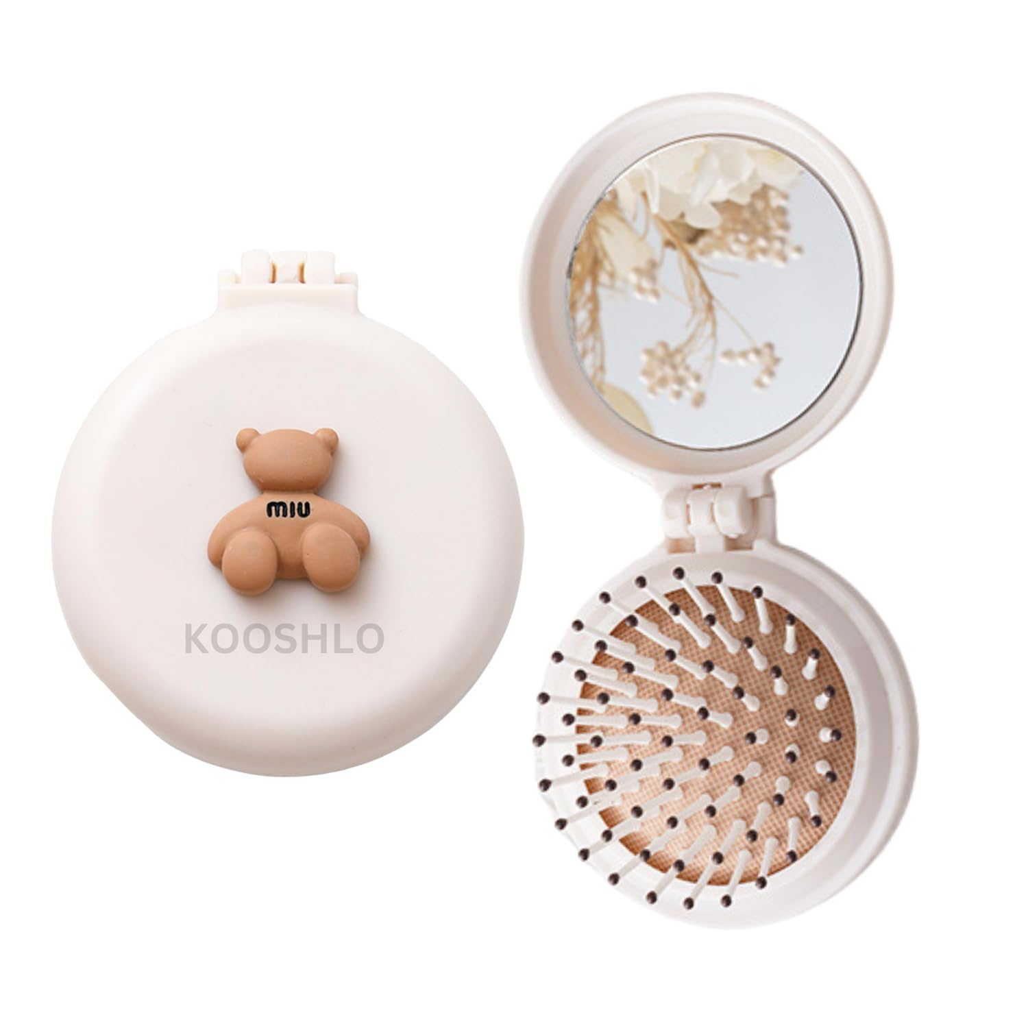 Kooshlo Portable Mini Hair Brush With Mirror, Cute Bear Design, Round Compact Detangling Comb, Hair Comb Foldable Travel Mirror 