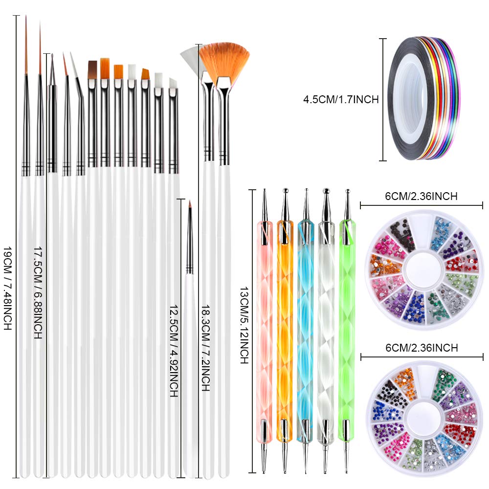 Teenitor Nail Art Brushes,3D Nail Art Paiting Polish Design Kit with 15 Nail Gel Brushes, Nail Dotting Pen 5pcs, 12 Colors Nail