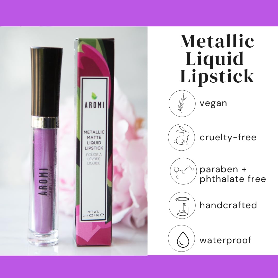 Aromi Purple Lilac Metallic Liquid Lipstick | Bright Lavender Lip Color With Shimmery Finish, Vegan And Cruelty-Free, Long-Lasti