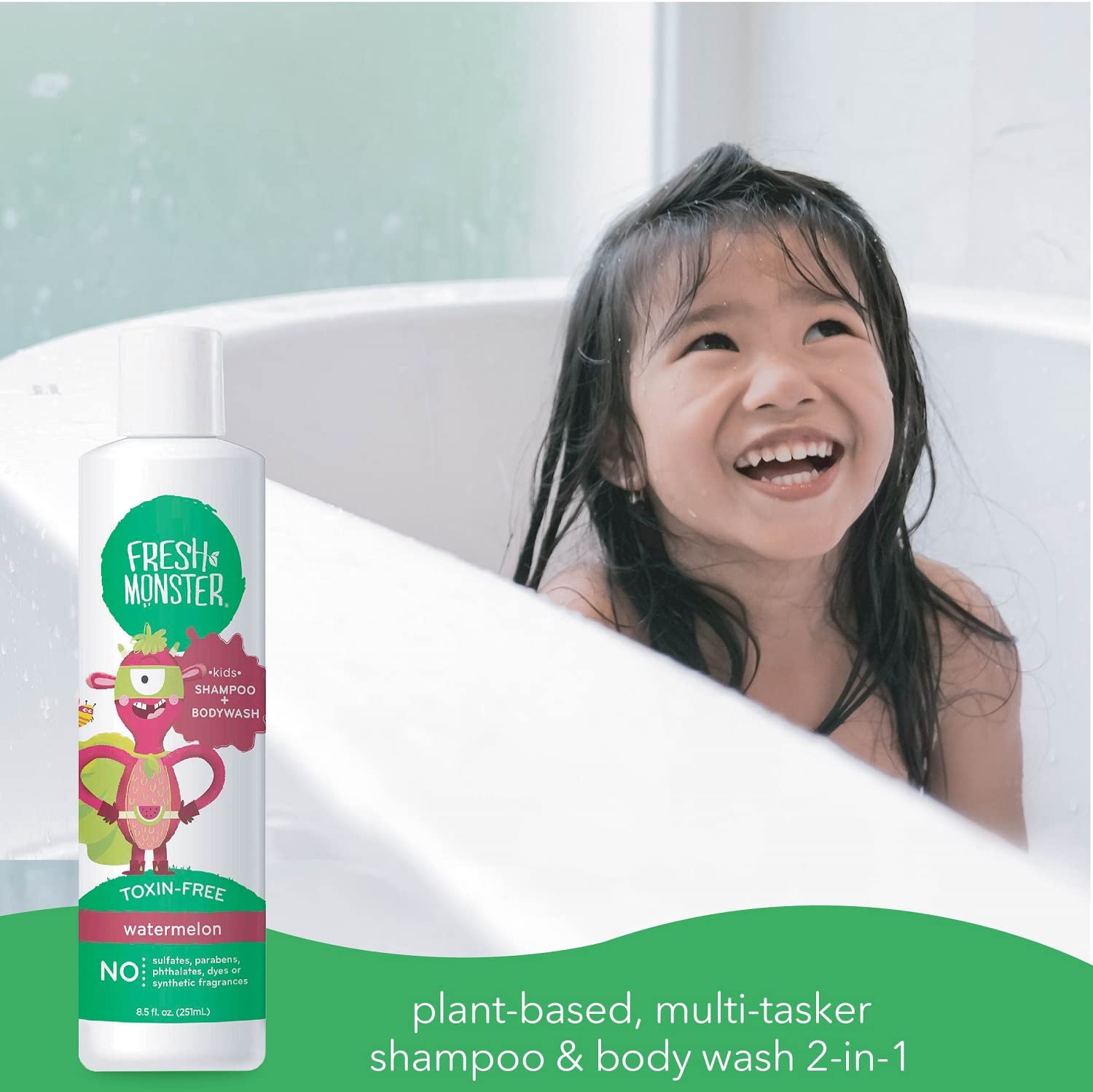 Fresh Monster 2-In-1 Kids Shampoo & Body Wash, Toxin-Free, Hypoallergenic, Natural Shampoo & Body Wash For Kids, Watermelon (2 P