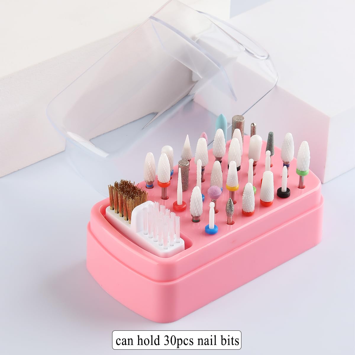 Fcozpjk 2 in 1 Pink Nail Drill Bit Holder and Nail Drill Bits Cleaner Brush Case, 30 Holes Dust-proof Nail Bit Holder Organizer