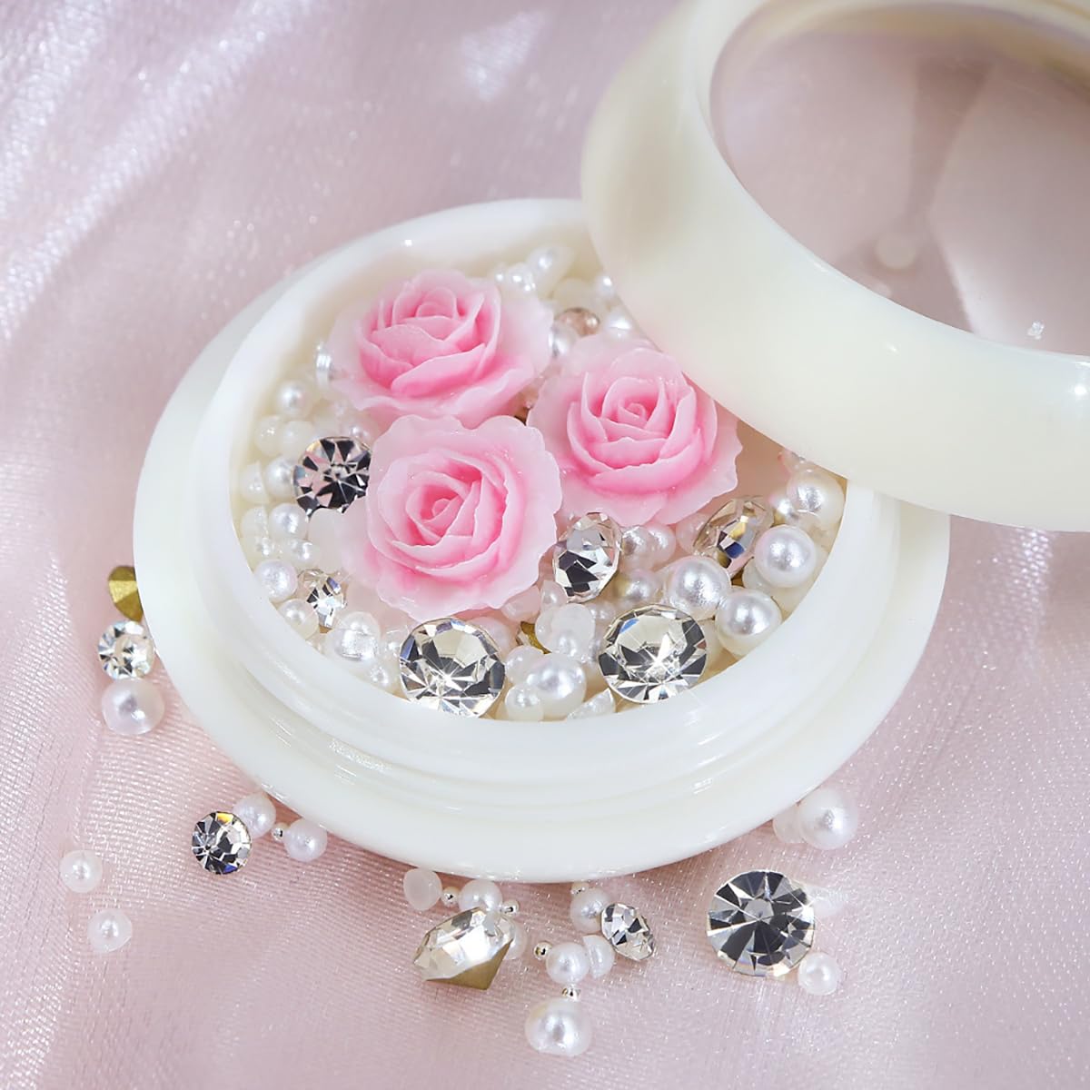 Pink Rose Flower Nail Art Charms With Rhinestone Decoration Mixed Pearls Gems Glitter Diamond Crystal Nail Ornaments For Valenti