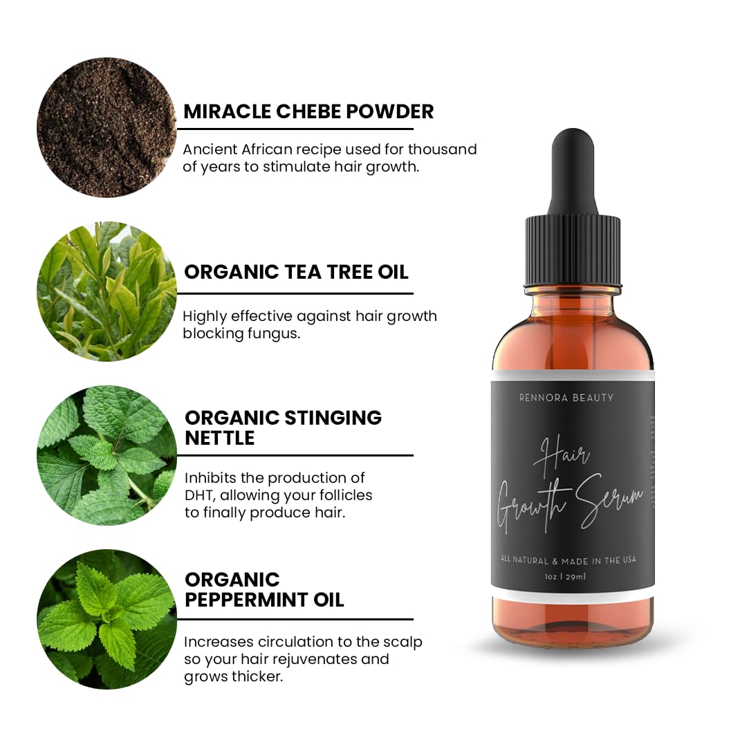 Rennora Hair Growth Serum With Organic Herbs And Natural Vitamins, Peppermint Oil, Stinging Nettle, And Rosemary Oil, No Chemica