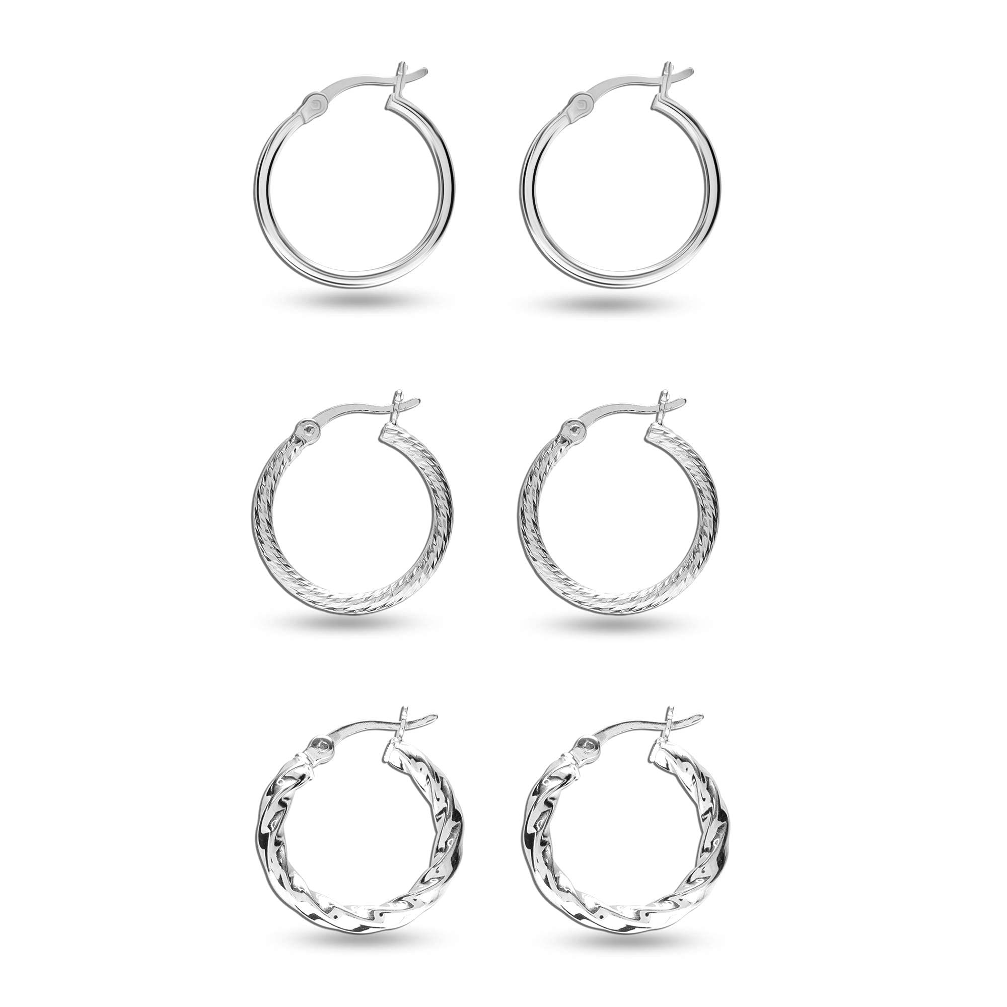 Charmsy Set of 3 pairs 925 Sterling Silver Hoop Earrings for Women | Lightweight Small Plain Classic Textured Twisted Hoops Earr
