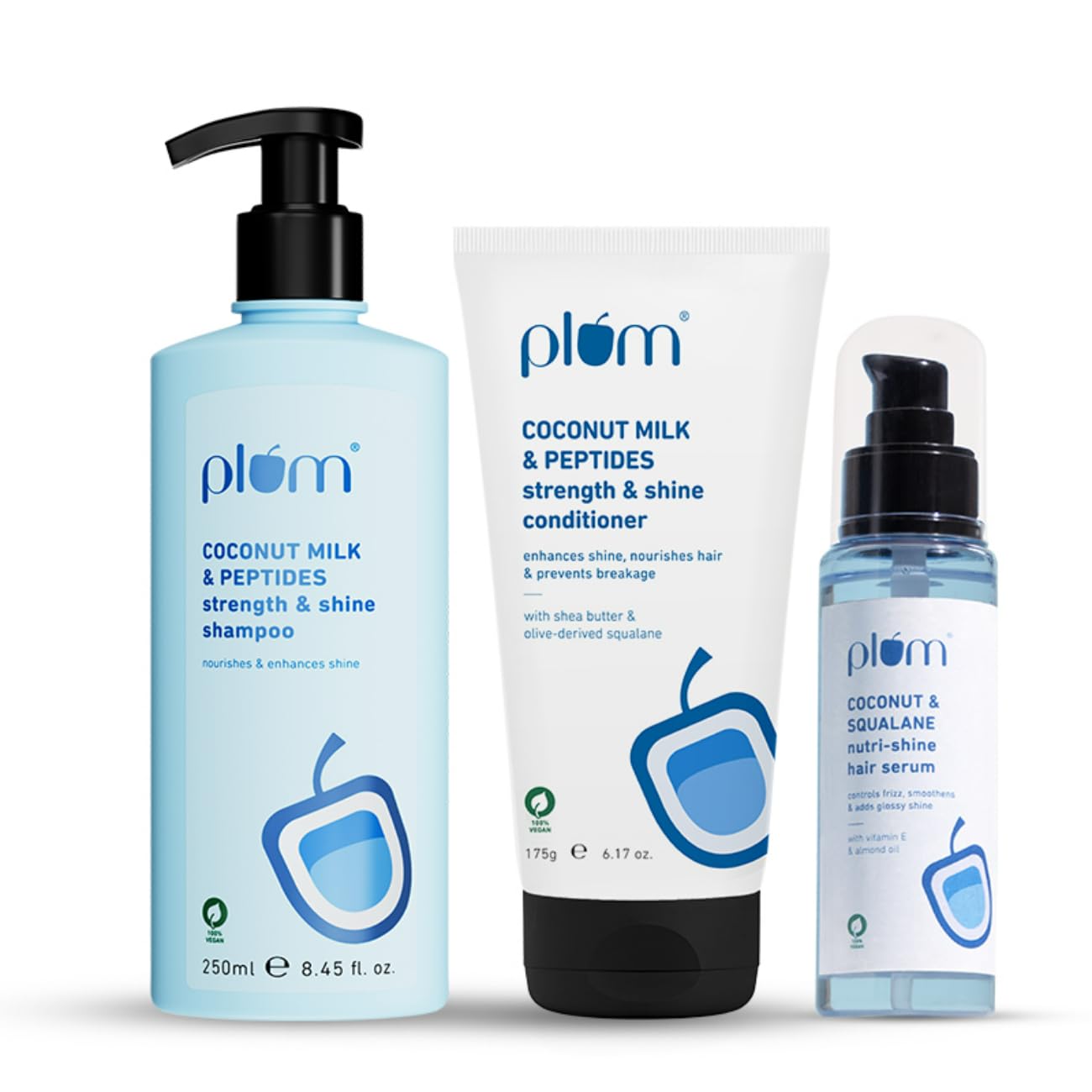 Plum Strong & Shiny Hair Routine With Coconut Milk And Peptides | Shampoo, Conditioner, Serum For All Types | Strengthens, Enhan
