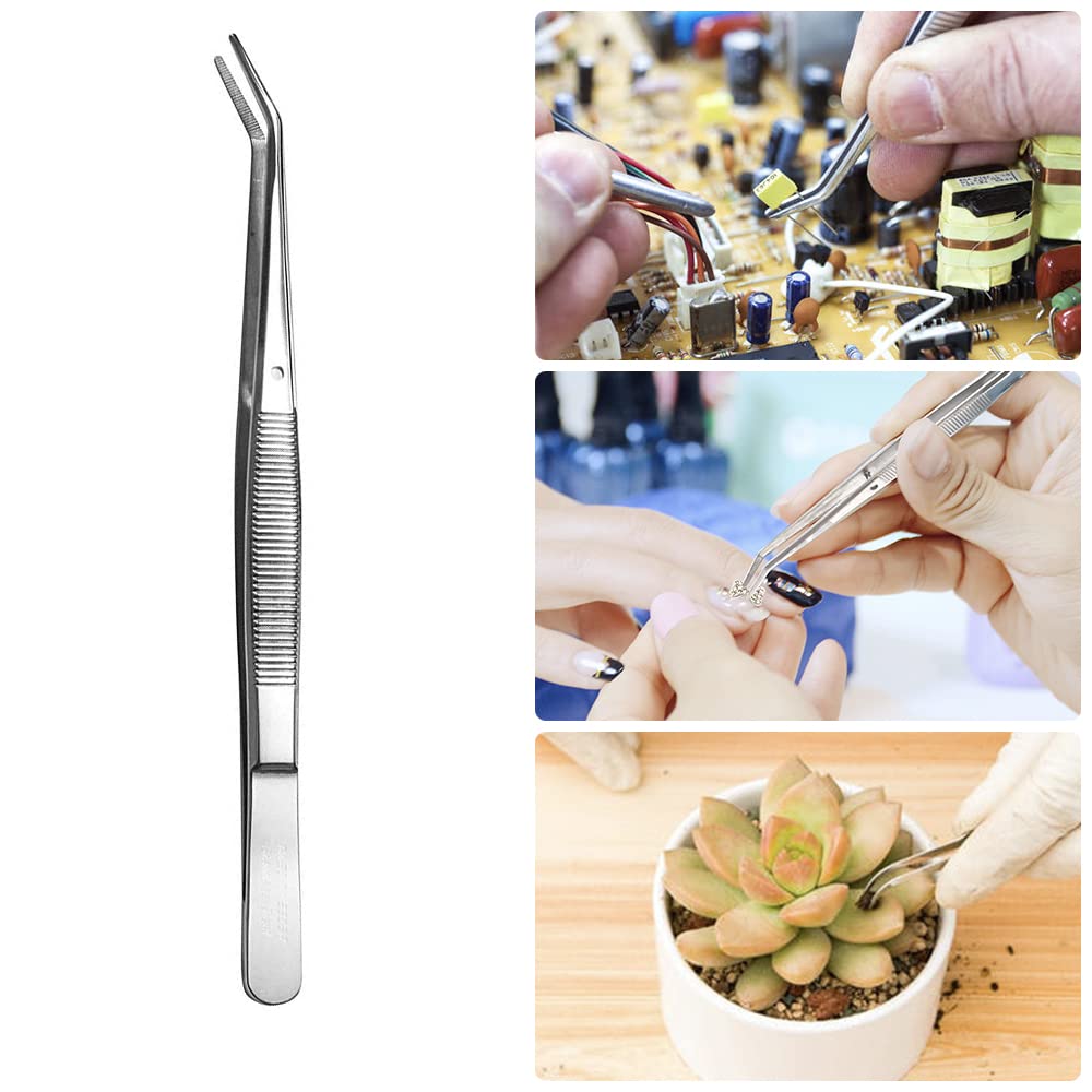 Stainless Steel Tweezers, With Curved Serrated Tip Multipurpose Tweezers Sewing Machine Tweezers Forceps For Craft Repairing (2