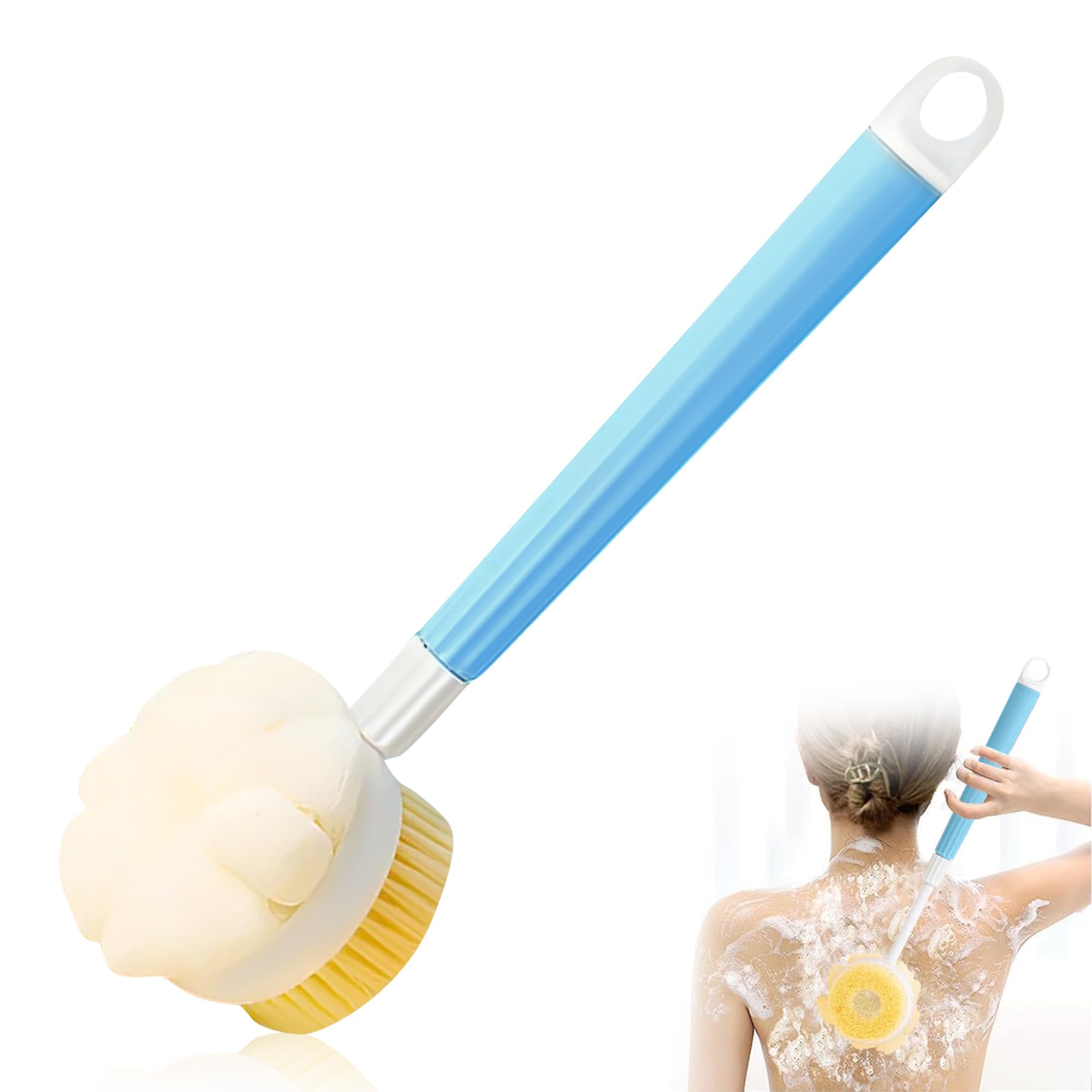 GLUN 2 in 1 Height Adjustable Folding Bath Brush, Scrubber Bath Mesh & Sponge Brush, Using Body Exfoliating, Travel Friendly, Ba