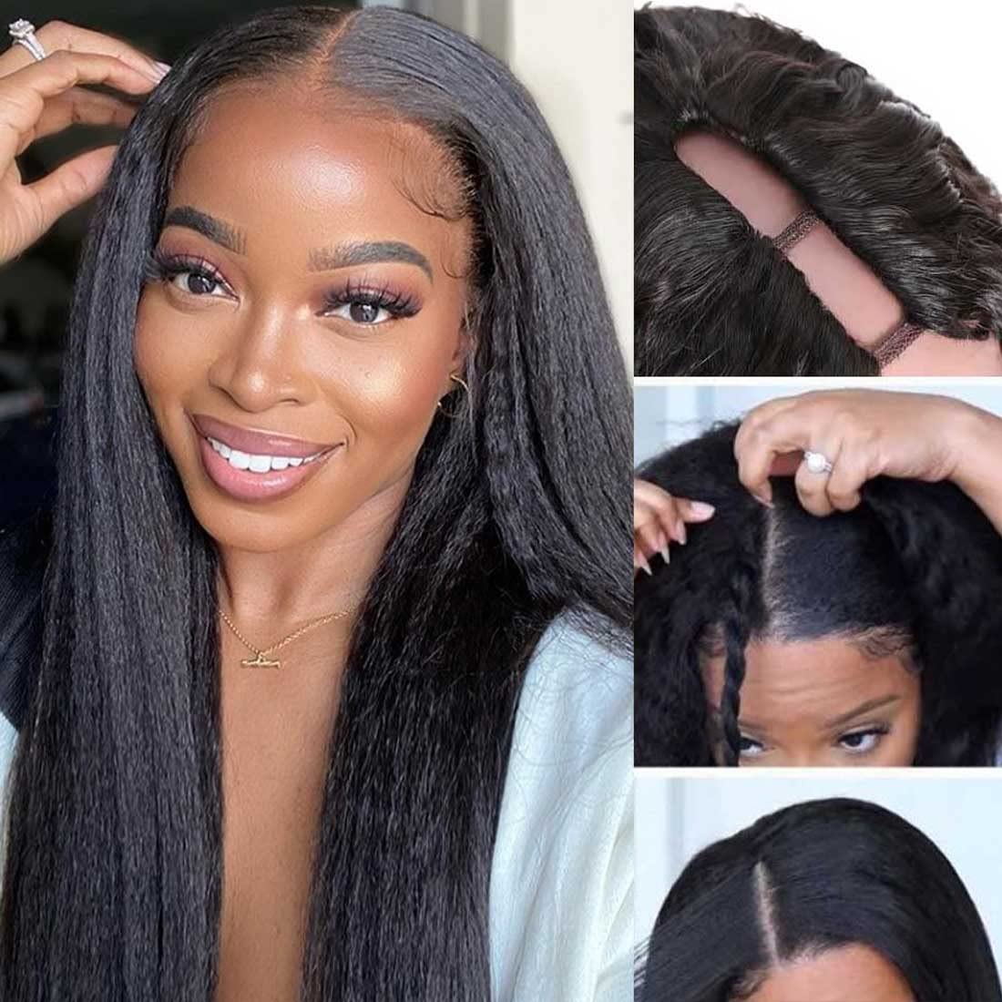 Beauty Forever Kinky Straight U Part Wig Human Hair Wigs 4x1 inch Samll Leave Out,Yaki Straight Human Hair Wig for Women Glueles