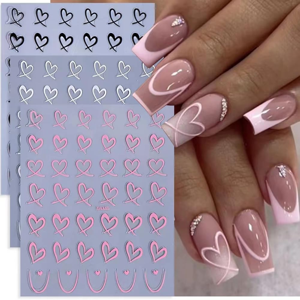 Valentine's Day Nail Stickers for Nail Art, French Empty Love Heart Valentines Nail Art Stickers 3PCS 3D Self-Adhesive Black Pin