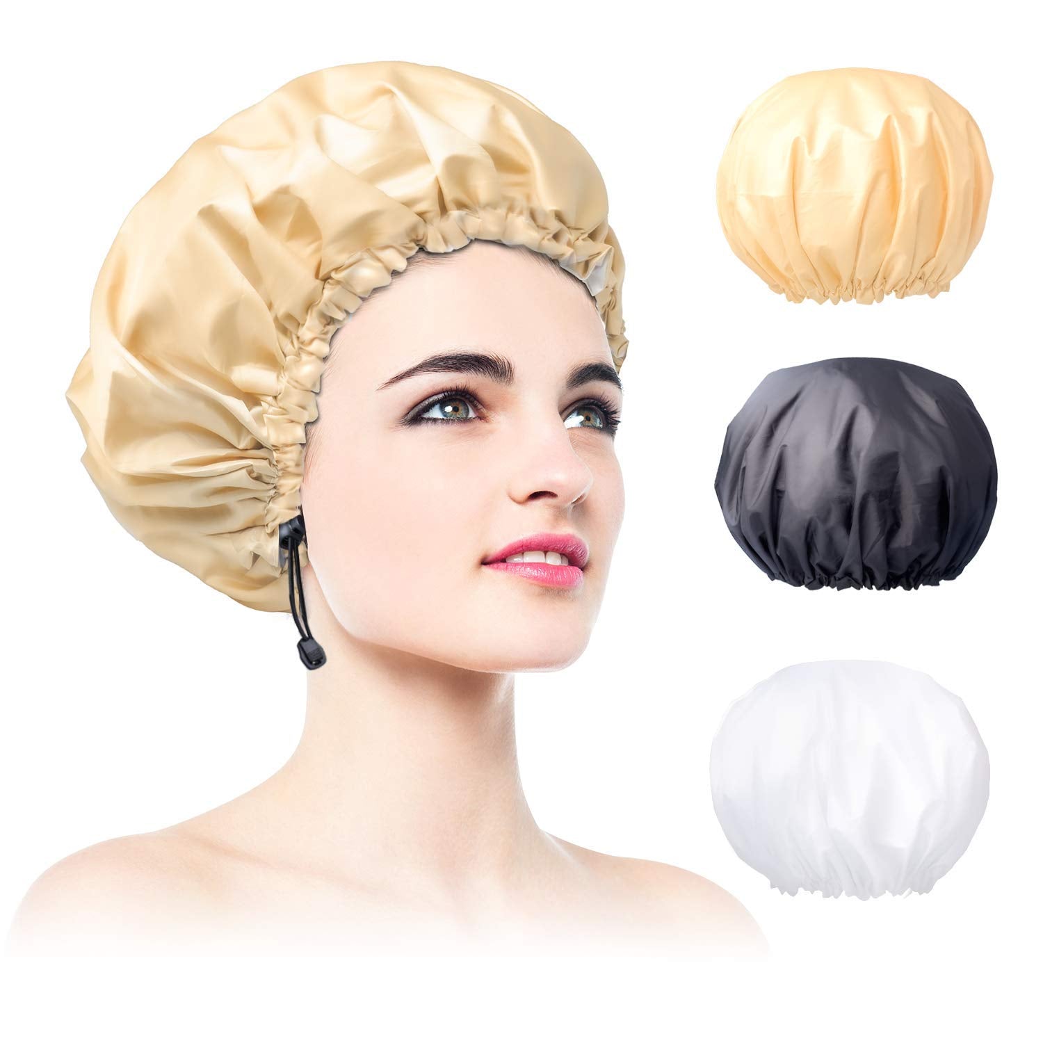 3 Packs Shower Caps For Women Reusable Waterproof Double Layer Extra Large Adjustable Bath Cap Leakproof For All Hair Lengths St