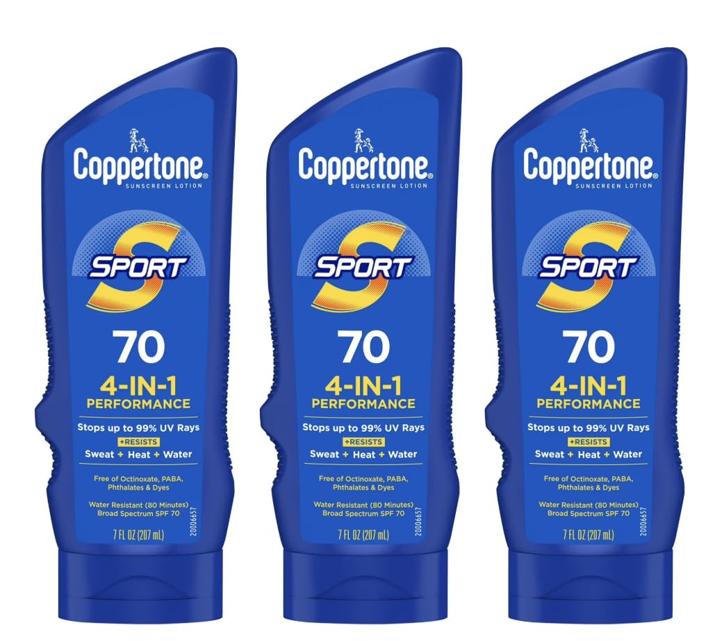 Coppertone Sport 4in1 Performance Sunscreen Lotion, Broad Spectrum SPF 70, Water Resistant and Sweat Resistant, 7 fl oz (Pack 
