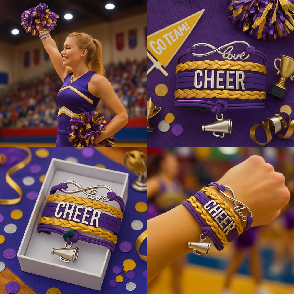 Infinity Collection - Cheer Bracelet - Purple and Gold - Cheerleading Infinity Charm Jewelry Gift for Cheerleaders, Teams, or Sq