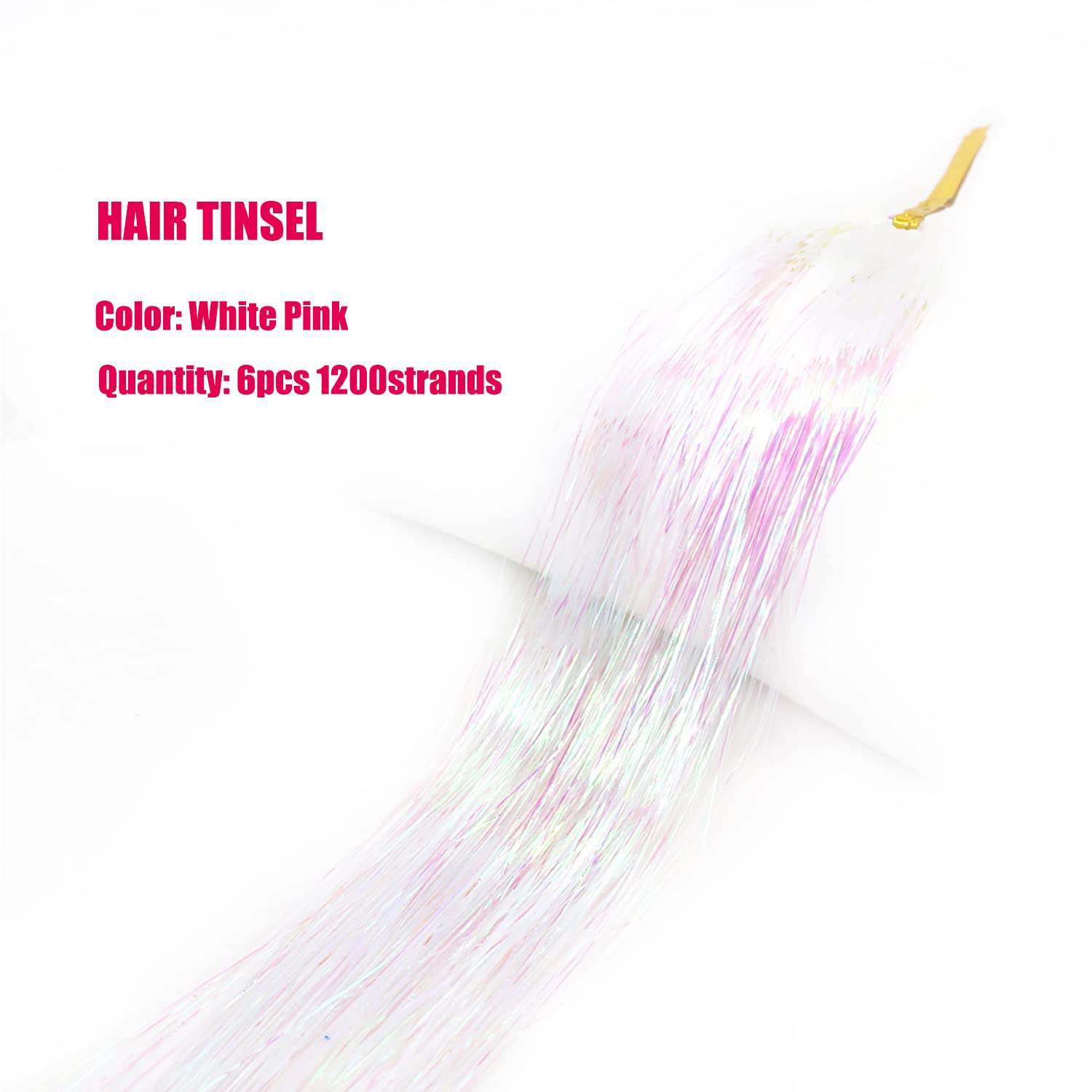 White Pink Hair Tinsel Kit With Tool 6Pcs 1200 Strands Glitter Tinsel Hair Extensions Heat Resistant Sparkling Shiny Fairy Hair