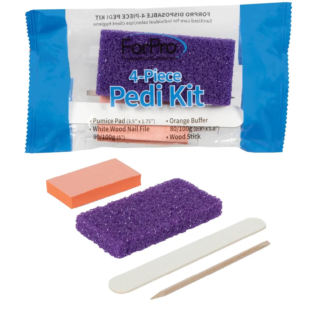 ForPro 4-Piece Pedi Kit, 100-Count, Individually-Packed Pedicure Set, Purple Pumice Pad, White Wood Nail File 80/100 Grit, Orang