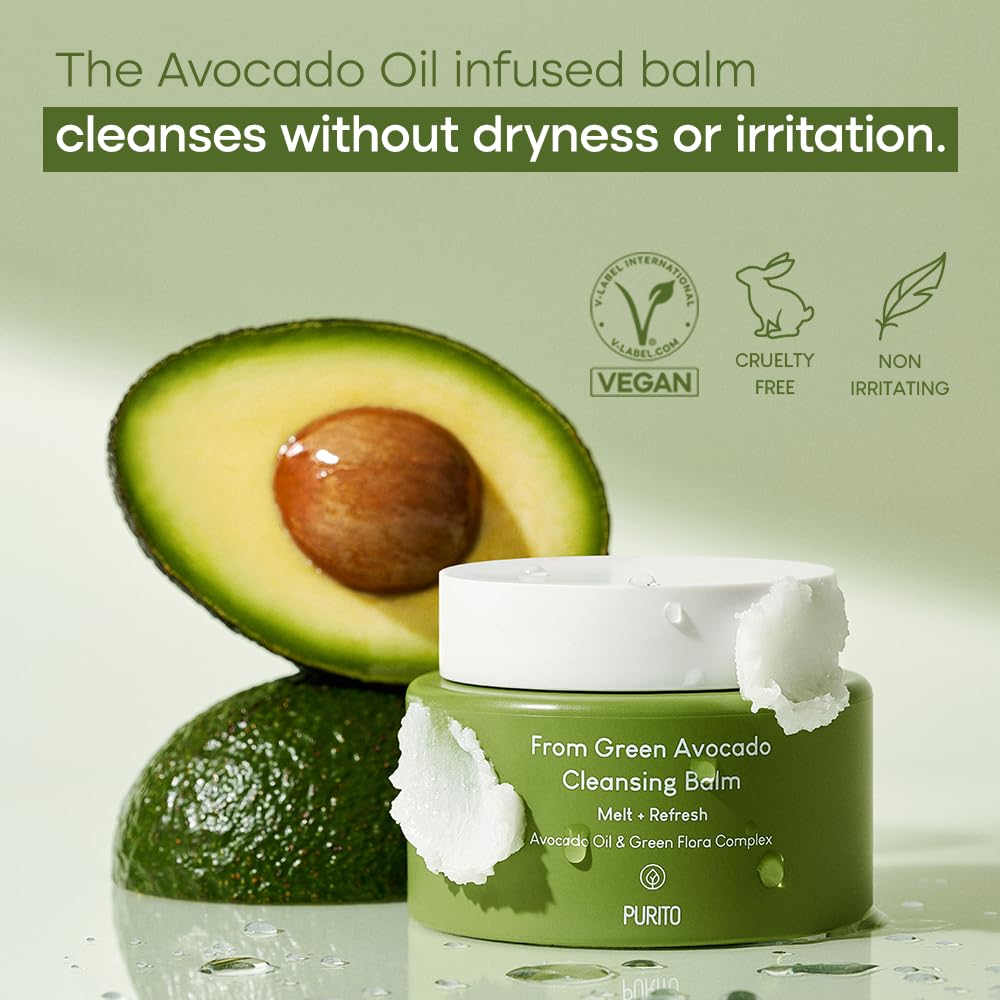 PURITO From Green Avocado Cleansing Balm 100ml / 3.38 fl. oz., Melt-In Moisture with Avocado Oil, Vegan, Cruelty-Free, Suitable