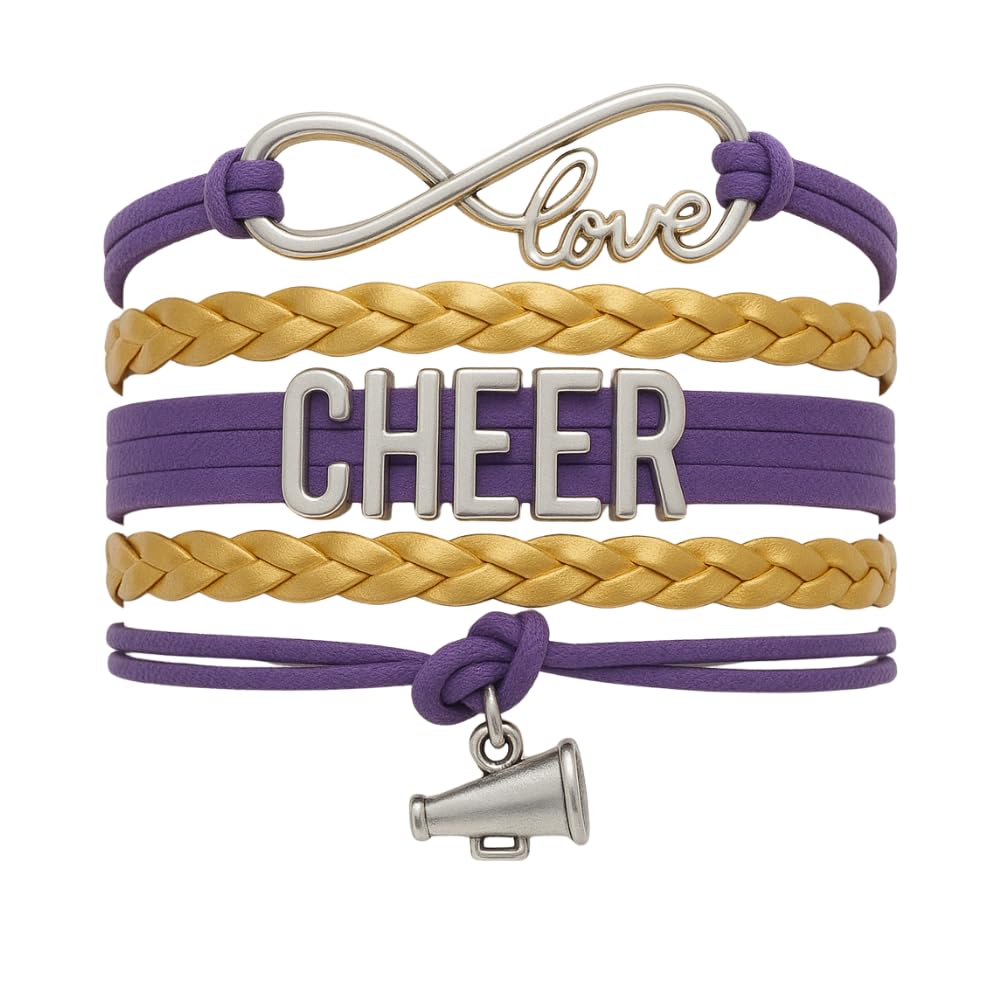 Infinity Collection - Cheer Bracelet - Purple and Gold - Cheerleading Infinity Charm Jewelry Gift for Cheerleaders, Teams, or Sq