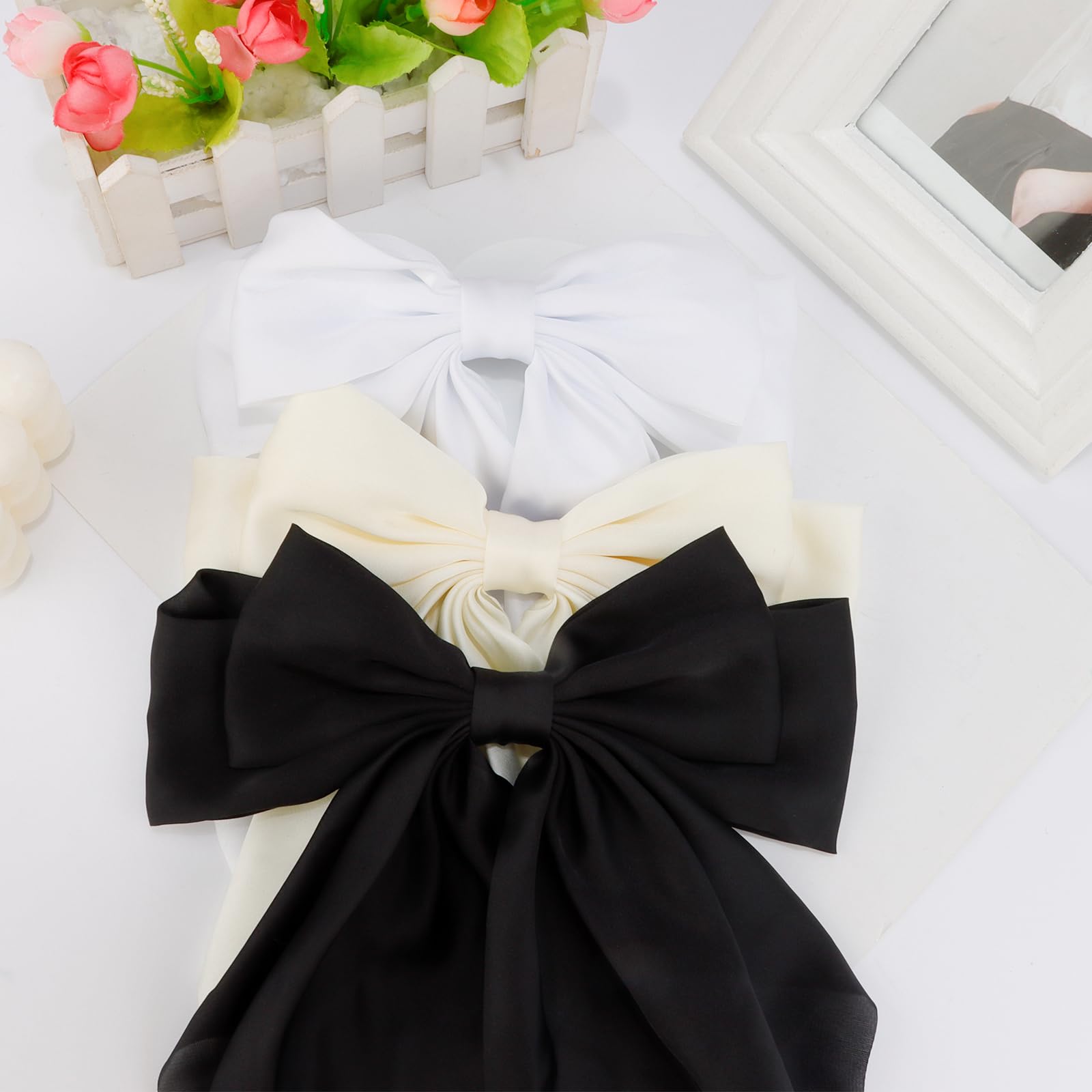 Satin Hair Accessories Set: Silky Bows, Ribbons, Hair Ties, Large Barrettes, Cute Clips With Long Tail For Women And Girls (Whit