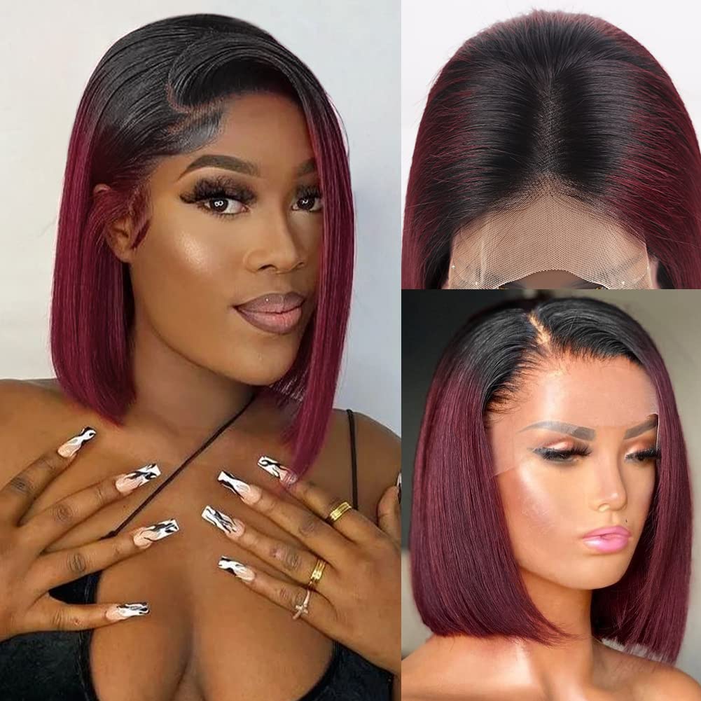 Flady 12 inch 1B Burgundy Bob Wig Human Hair 13x4 Frontal Lace Wig 1B 99j Burgundy HD Lace Front Wigs Human Hair Pre Plucked Wit