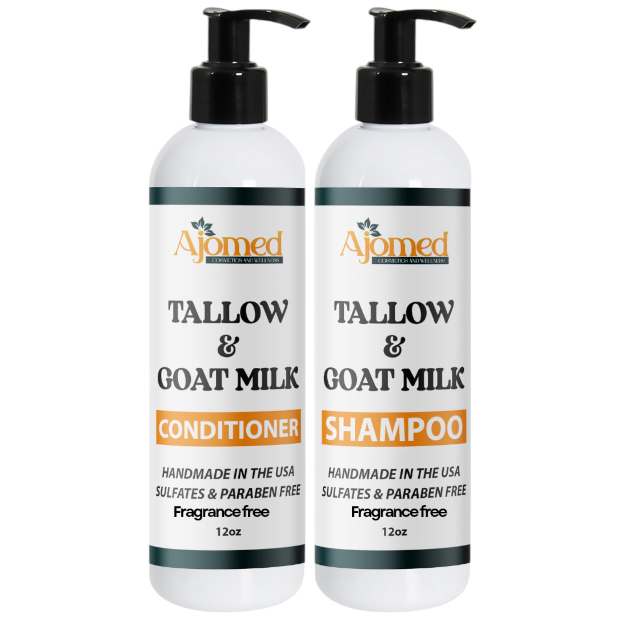 AJOMED Cosmetics Goat Milk and Tallow Shampoo and Conditioner - Hair Care for Dry, Damaged Split Ends - Silicone, Paraben, Sulfa