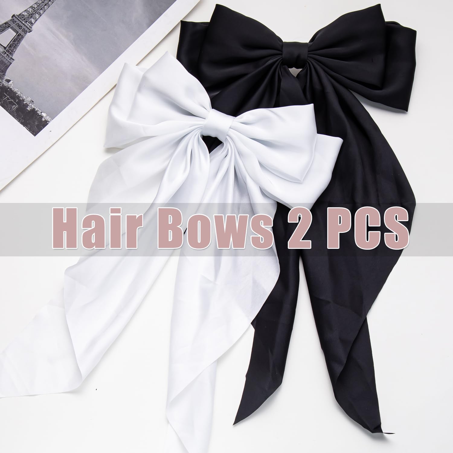 Hair Bows 2 Pcs Ribbon Bow For Women And Girls, Oversized Long-Tail Cute Aesthetic Hair Accessories, Large Hair Barrettes (Black