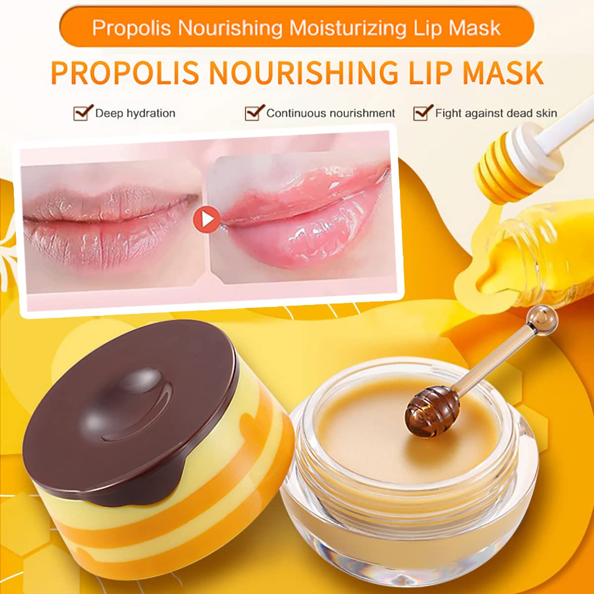 Strawberry & Honey Lip Balm, Vitamin E Lip Masks & Moisturizing Propolis Sleeping Lip Mask, Effective Reduces Lip Lines Preventi
