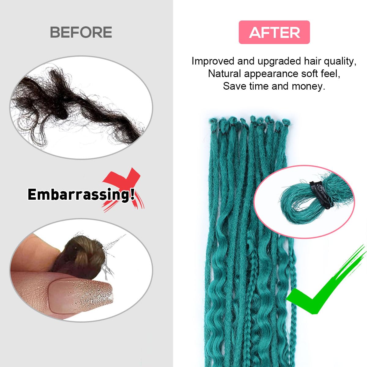 Kraler 24 Inch Mixed Se Dreadlock Extensions Sets, 3 In 1 20 Strands Synthetic Single Ended Dreads Extensions, Teal Green Hippie