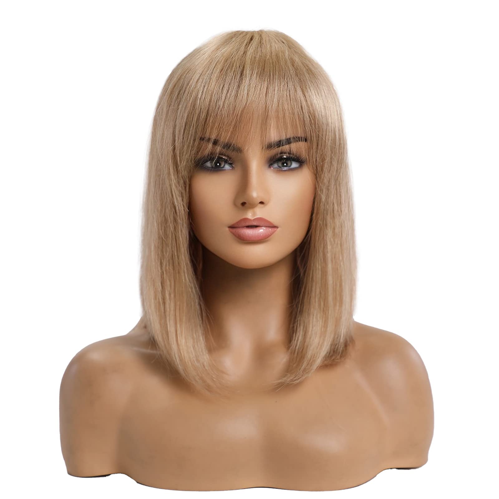 EMMOR Natural Blonde Human Hair Blend Wigs for Women and Lady,Shoulder Length Bob Wig Blend With Healthy Kanekalon Fiber with Ba
