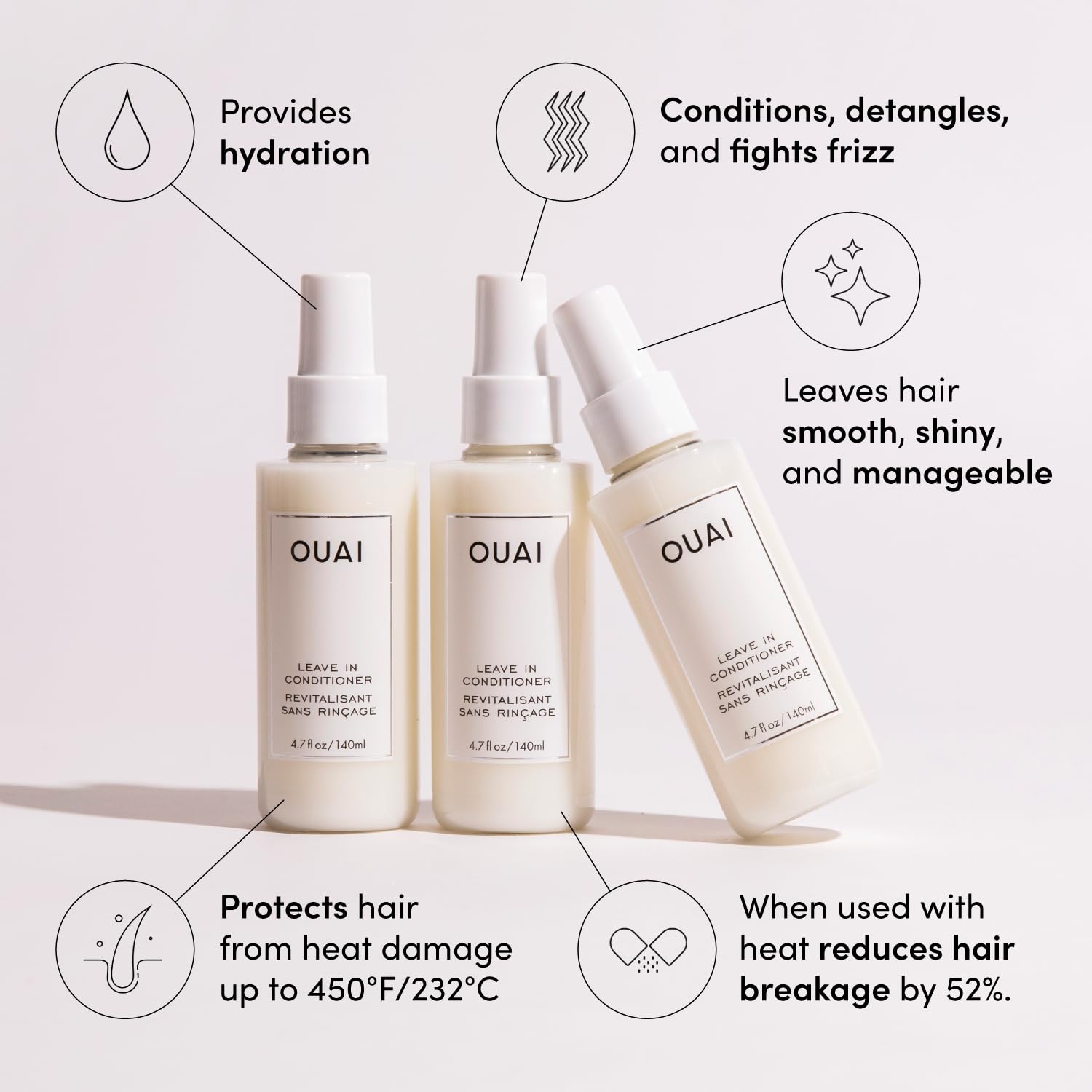 OUAI Leave In Conditioner & Heat Protectant Spray - Prime Hair for Style, Smooth Flyaways, Add Shine and Use as Detangling Spray