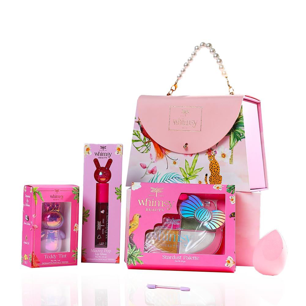Whimsy Beauty Blush & Glow Beauty Kit | Safe Beauty Set For Girls & Teens | Eye Shadow Palette, Lip Tint & Lip Gloss | Pack Of 4