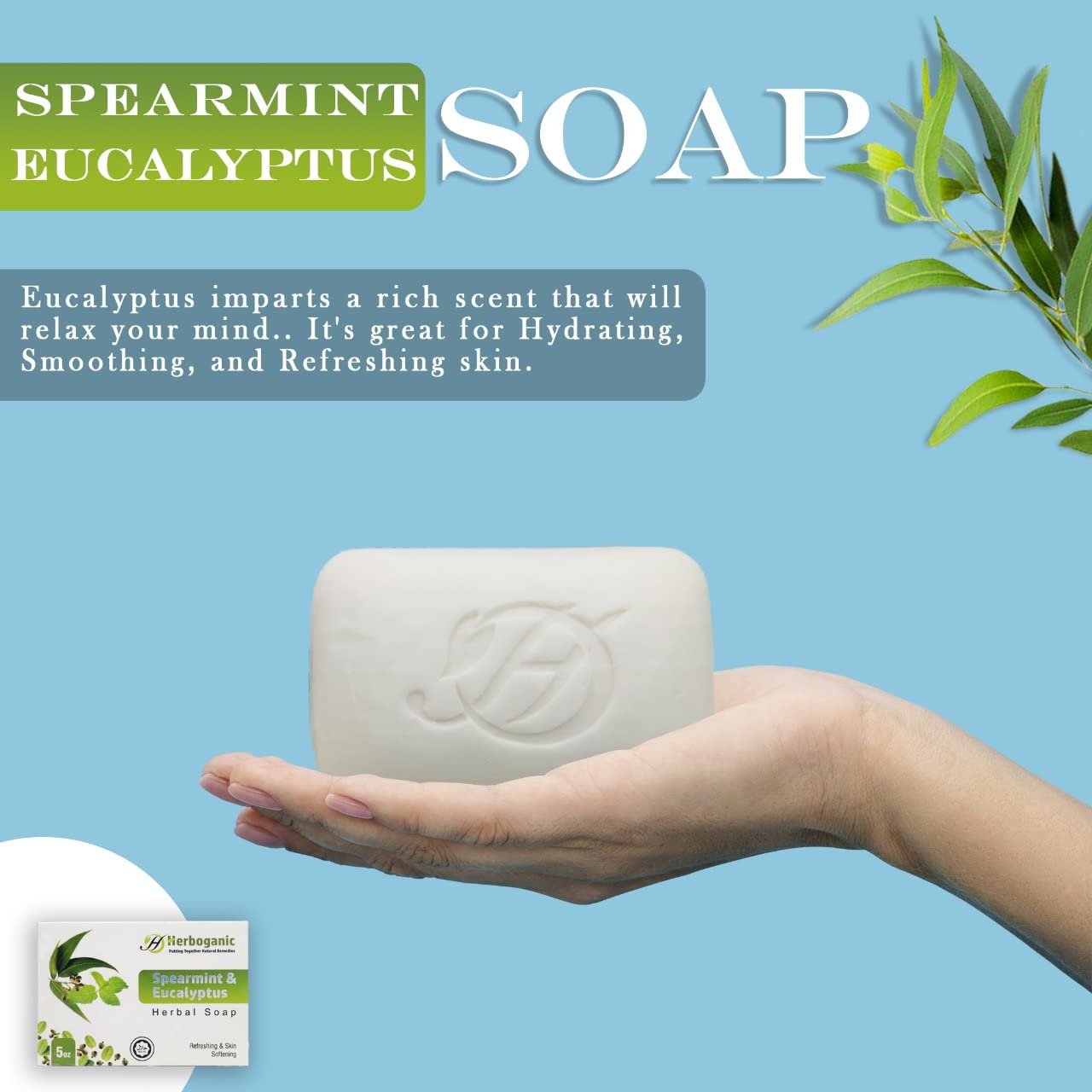 HERBOGANIC Spearmint and Eucalyptus Herbal Bar Soap | Invigorating Herbal Soap Refreshes and Revitalizes | For Energized, Rejuve