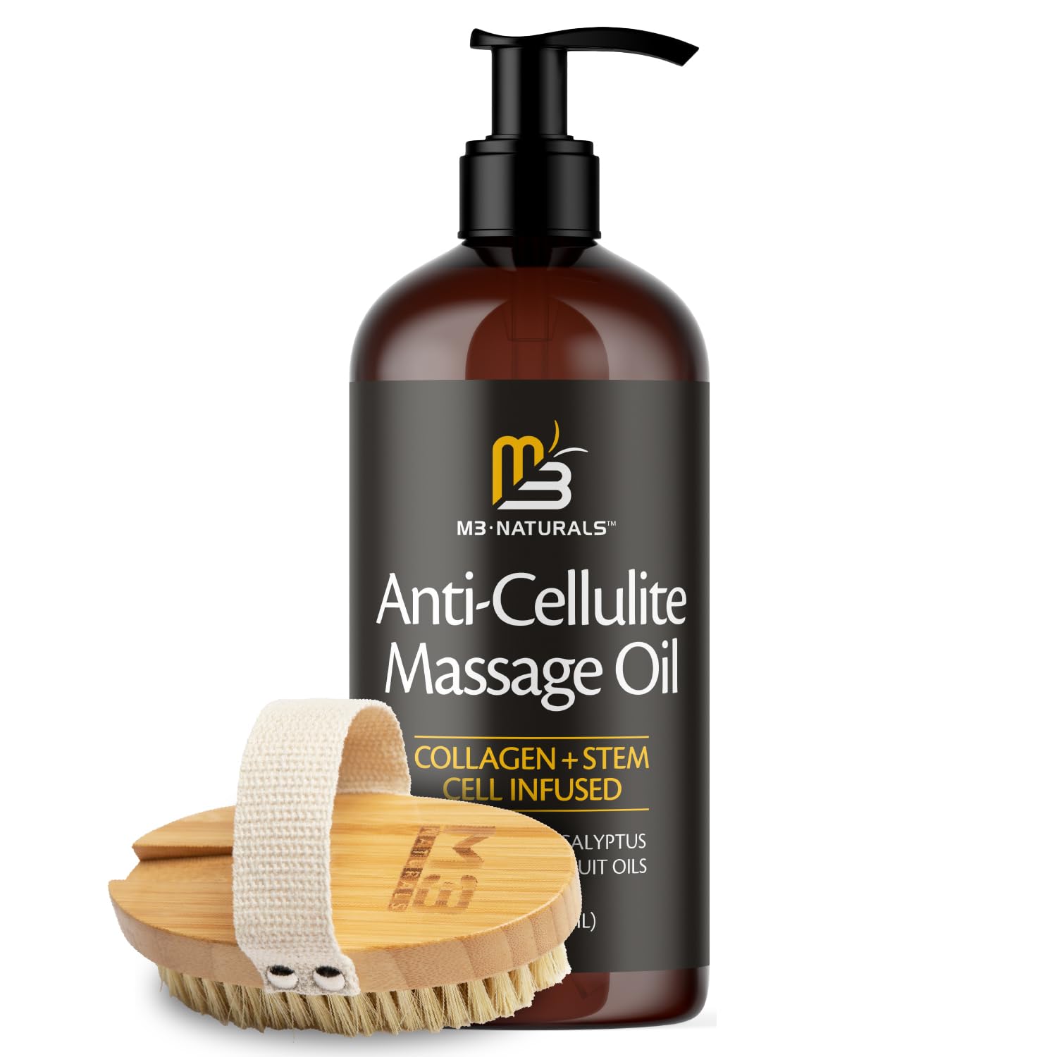 M3 Naturals Anti Cellulite Massage Oil and Firm Dry Brush Kit | Collagen & Stem Cell Skin Tightening Kit | Radiant Body Care Kit